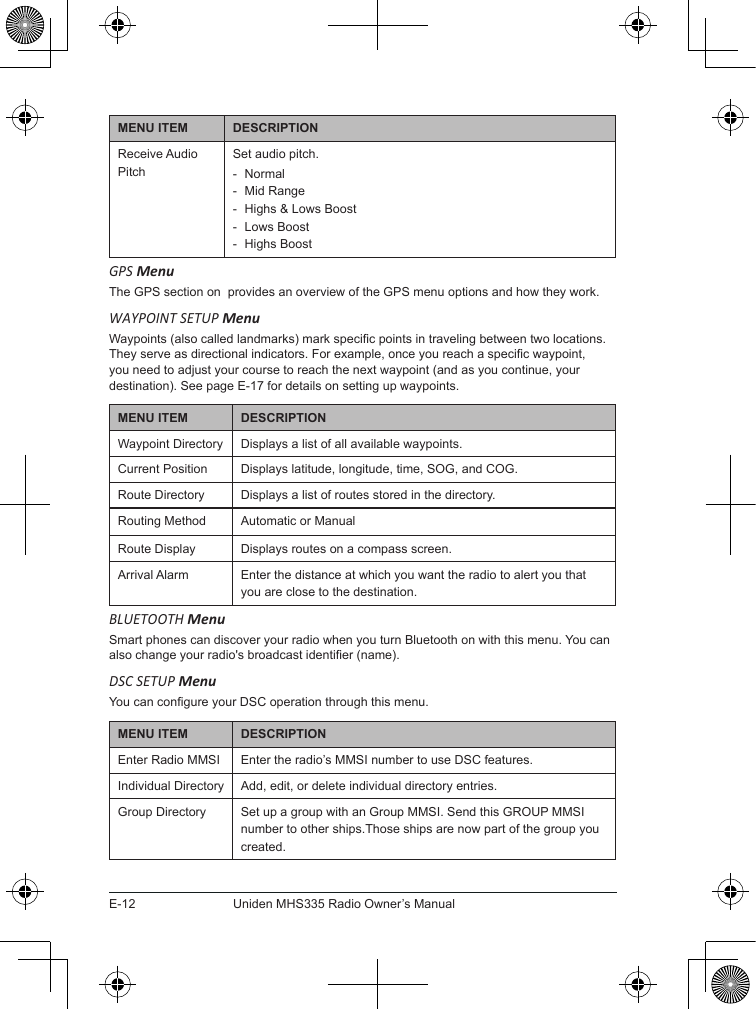 E-12Uniden MHS335 Radio Owner’s ManualMENU ITEM DESCRIPTIONReceive Audio PitchSet audio pitch. - Normal - Mid Range - Highs &amp; Lows Boost - Lows Boost - Highs BoostGPS MenuThe GPS section on  provides an overview of the GPS menu options and how they work.WAYPOINT SETUP MenuWaypoints (also called landmarks) mark specic points in traveling between two locations. They serve as directional indicators. For example, once you reach a specic waypoint, you need to adjust your course to reach the next waypoint (and as you continue, your destination). See page E-17 for details on setting up waypoints.MENU ITEM DESCRIPTIONWaypoint Directory Displays a list of all available waypoints.Current Position Displays latitude, longitude, time, SOG, and COG.Route Directory Displays a list of routes stored in the directory.Routing Method Automatic or ManualRoute Display Displays routes on a compass screen.Arrival Alarm Enter the distance at which you want the radio to alert you that you are close to the destination.BLUETOOTH MenuSmart phones can discover your radio when you turn Bluetooth on with this menu. You can also change your radio&apos;s broadcast identier (name).DSC SETUP MenuYou can congure your DSC operation through this menu.MENU ITEM DESCRIPTIONEnter Radio MMSI Enter the radio’s MMSI number to use DSC features.Individual Directory Add, edit, or delete individual directory entries.Group Directory Set up a group with an Group MMSI. Send this GROUP MMSI number to other ships.Those ships are now part of the group you created.