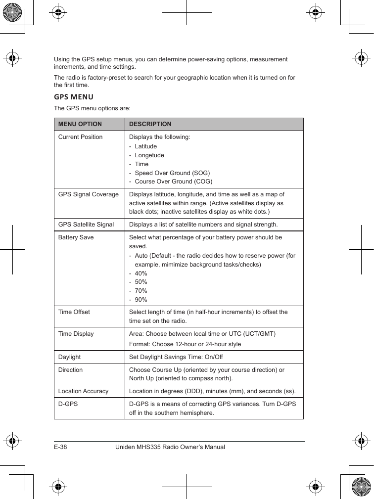 E-38Uniden MHS335 Radio Owner’s ManualUsing the GPS setup menus, you can determine power-saving options, measurement increments, and time settings.The radio is factory-preset to search for your geographic location when it is turned on for the rst time. GPS MENUThe GPS menu options are:MENU OPTION DESCRIPTIONCurrent Position Displays the following: - Latitude - Longetude - Time - Speed Over Ground (SOG) - Course Over Ground (COG)GPS Signal Coverage Displays latitude, longitude, and time as well as a map of active satellites within range. (Active satellites display as black dots; inactive satellites display as white dots.) GPS Satellite Signal Displays a list of satellite numbers and signal strength.Battery Save Select what percentage of your battery power should be saved.  - Auto (Default - the radio decides how to reserve power (for example, mimimize background tasks/checks) - 40% - 50% - 70% - 90%Time Offset Select length of time (in half-hour increments) to offset the time set on the radio.Time Display Area: Choose between local time or UTC (UCT/GMT)Format: Choose 12-hour or 24-hour styleDaylight Set Daylight Savings Time: On/OffDirection Choose Course Up (oriented by your course direction) or North Up (oriented to compass north).Location Accuracy Location in degrees (DDD), minutes (mm), and seconds (ss).D-GPS D-GPS is a means of correcting GPS variances. Turn D-GPS off in the southern hemisphere.