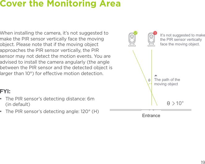 19Cover the Monitoring AreaWhen installing the camera, it’s not suggested to make the PIR sensor vertically face the moving object. Please note that if the moving object approaches the PIR sensor vertically, the PIR sensor may not detect the motion events. You are advised to install the camera angularly (the angle between the PIR sensor and the detected object is larger than 10°) for eective motion detection.FYI:•  The PIR sensor’s detecting distance: 6m   (in default)•  The PIR sensor’s detecting angle: 120° (H)Entrance10°It’s not suggested to make the PIR sensor vertically face the moving object.The path of themoving object