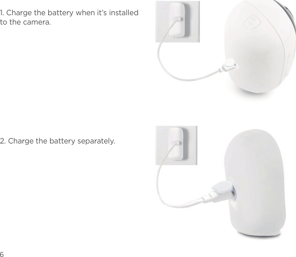 1. Charge the battery when it’s installed to the camera.2. Charge the battery separately.6