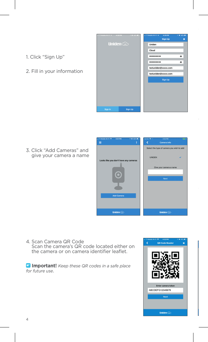 1. Click “Sign Up”2.  Fill in your information3. Click “Add Cameras” and give your camera a name4. Scan Camera QR Code Scan the camera’s QR code located either on the camera or on camera identiﬁer leaﬂet. Important! Keep these QR codes in a safe place  for future use.45.  WiFi Setup  Enter your Wi-Fi name and password Click “Next” to generate a Wi-Fi Connection Code Band Steering Information IMPORTANT: Ensure your phone is connected to the 2.4Ghz WiFi signal of your router.  The AppCam 50HD will not connect to a 5Ghz signal.  If you have a single modem/router from your internet service provider and you only have 1 WiFi SSID (name of your WiFi you connect to) you might have a feature in your router turned on called “band steering”.    To connect the AppCam 50HD and other 2.4Ghz devices you will need to disable this feature and have separate 2.4Ghz and 5Ghz WiFi SSIDs.    Contact your ISP for assistance if the AppCam 50HD does not connect to your single WiFi SSID.6.  Next, hold your phone with the WiFi Connection Code about 3-8&quot; from the camera.  You will hear a “beep” if successfully scanned.    If no message is heard within 10 seconds, click back and ensure your WiFi settings are correct.  After the beep, wait about ~ 30 seconds until the status indicator is SOLID BLUE and you hear the message “Network connected successfully.”7.  Enter the camera user name and password  Username = admin Password = admin  [Veriﬁcation Code on back of camera]  Example:  adminABCDEF 8. Next update any      settings you want.      Scroll down &amp;      click “Finish”.