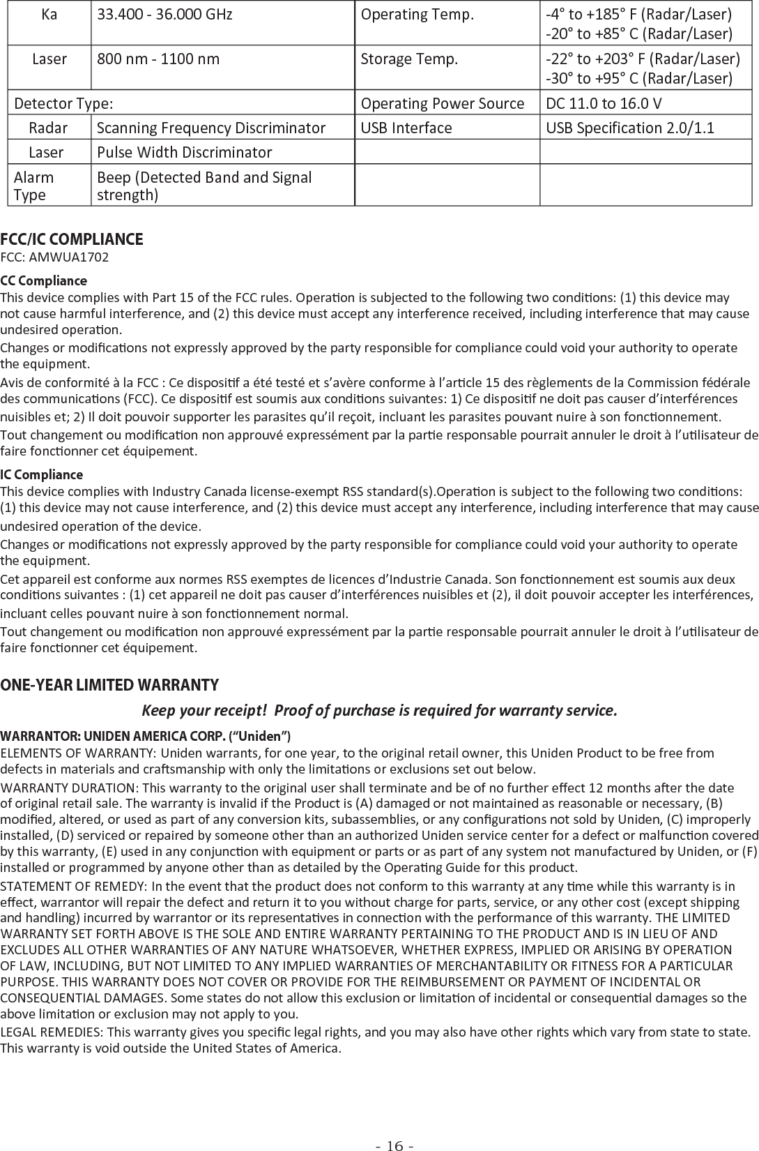 - 16 -Ka 33.400 - 36.000 GHz Operating Temp. -4° to +185° F (Radar/Laser)-20° to +85° C (Radar/Laser)Laser 800 nm - 1100 nm Storage Temp. -22° to +203° F (Radar/Laser)-30° to +95° C (Radar/Laser)Detector Type: Operating Power Source DC 11.0 to 16.0 V    Radar Scanning Frequency Discriminator USB Interface USB Specification 2.0/1.1    Laser Pulse Width DiscriminatorAlarm TypeBeep (Detected Band and Signal strength)FCC/IC COMPLIANCEFCC: AMWUA1702CC ComplianceThis device complies with Part 15 of the FCC rules. Operaon is subjected to the following two condions: (1) this device may not cause harmful interference, and (2) this device must accept any interference received, including interference that may cause undesired operaon.Changes or modicaons not expressly approved by the party responsible for compliance could void your authority to operate the equipment.Avis de conformité à la FCC : Ce disposif a été testé et s’avère conforme à l’arcle 15 des règlements de la Commission fédérale des communicaons (FCC). Ce disposif est soumis aux condions suivantes: 1) Ce disposif ne doit pas causer d’interférencesnuisibles et; 2) Il doit pouvoir supporter les parasites qu’il reçoit, incluant les parasites pouvant nuire à son fonconnement.Tout changement ou modicaon non approuvé expressément par la pare responsable pourrait annuler le droit à l’ulisateur de faire fonconner cet équipement.IC ComplianceThis device complies with Industry Canada license-exempt RSS standard(s).Operaon is subject to the following two condions: (1) this device may not cause interference, and (2) this device must accept any interference, including interference that may causeundesired operaon of the device.Changes or modicaons not expressly approved by the party responsible for compliance could void your authority to operate the equipment.Cet appareil est conforme aux normes RSS exemptes de licences d’Industrie Canada. Son fonconnement est soumis aux deux condions suivantes : (1) cet appareil ne doit pas causer d’interférences nuisibles et (2), il doit pouvoir accepter les interférences,incluant celles pouvant nuire à son fonconnement normal.Tout changement ou modicaon non approuvé expressément par la pare responsable pourrait annuler le droit à l’ulisateur de faire fonconner cet équipement. ONE-YEAR LIMITED WARRANTYKeep your receipt!  Proof of purchase is required for warranty service.WARRANTOR: UNIDEN AMERICA CORP. (“Uniden”) ELEMENTS OF WARRANTY: Uniden warrants, for one year, to the original retail owner, this Uniden Product to be free from defects in materials and crasmanship with only the limitaons or exclusions set out below. WARRANTY DURATION: This warranty to the original user shall terminate and be of no further eect 12 months aer the date of original retail sale. The warranty is invalid if the Product is (A) damaged or not maintained as reasonable or necessary, (B) modied, altered, or used as part of any conversion kits, subassemblies, or any conguraons not sold by Uniden, (C) improperly installed, (D) serviced or repaired by someone other than an authorized Uniden service center for a defect or malfuncon covered by this warranty, (E) used in any conjuncon with equipment or parts or as part of any system not manufactured by Uniden, or (F) installed or programmed by anyone other than as detailed by the Operang Guide for this product. STATEMENT OF REMEDY: In the event that the product does not conform to this warranty at any me while this warranty is in eect, warrantor will repair the defect and return it to you without charge for parts, service, or any other cost (except shipping and handling) incurred by warrantor or its representaves in connecon with the performance of this warranty. THE LIMITED WARRANTY SET FORTH ABOVE IS THE SOLE AND ENTIRE WARRANTY PERTAINING TO THE PRODUCT AND IS IN LIEU OF AND EXCLUDES ALL OTHER WARRANTIES OF ANY NATURE WHATSOEVER, WHETHER EXPRESS, IMPLIED OR ARISING BY OPERATION OF LAW, INCLUDING, BUT NOT LIMITED TO ANY IMPLIED WARRANTIES OF MERCHANTABILITY OR FITNESS FOR A PARTICULAR PURPOSE. THIS WARRANTY DOES NOT COVER OR PROVIDE FOR THE REIMBURSEMENT OR PAYMENT OF INCIDENTAL OR CONSEQUENTIAL DAMAGES. Some states do not allow this exclusion or limitaon of incidental or consequenal damages so the above limitaon or exclusion may not apply to you. LEGAL REMEDIES: This warranty gives you specic legal rights, and you may also have other rights which vary from state to state. This warranty is void outside the United States of America. 