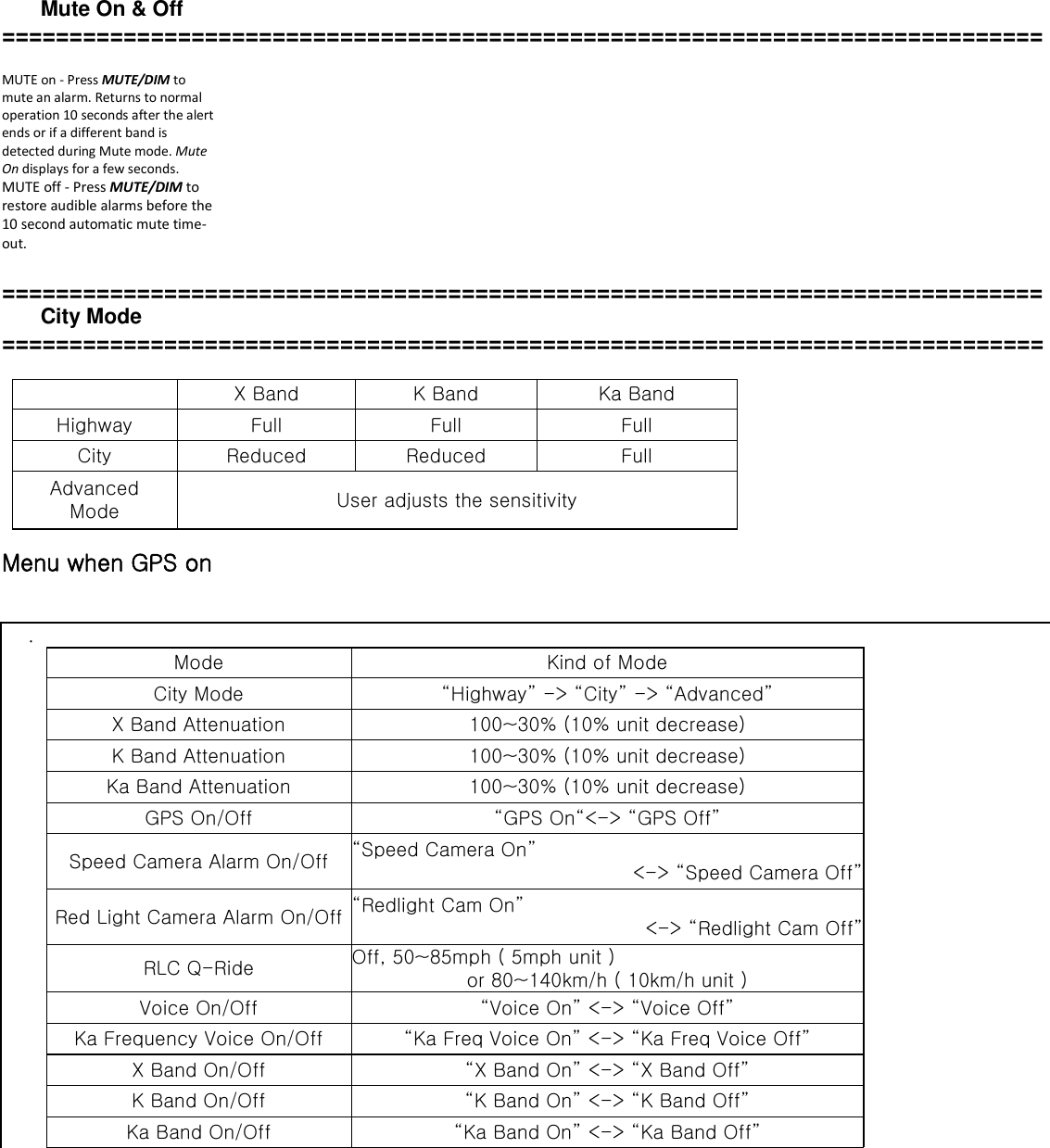   Mute On &amp; Off =============================================================================  MUTE on - Press MUTE/DIM to mute an alarm. Returns to normal operation 10 seconds after the alert ends or if a different band is detected during Mute mode. Mute On displays for a few seconds. MUTE off - Press MUTE/DIM to restore audible alarms before the 10 second automatic mute time-out.  =============================================================================   City Mode =============================================================================   X Band K Band Ka Band Highway   Full Full Full City   Reduced Reduced Full Advanced Mode User adjusts the sensitivity  Menu when GPS on   . Mode Kind of Mode City Mode “Highway” -&gt; “City” -&gt; “Advanced” X Band Attenuation 100~30% (10% unit decrease) K Band Attenuation 100~30% (10% unit decrease) Ka Band Attenuation 100~30% (10% unit decrease) GPS On/Off “GPS On“&lt;-&gt; “GPS Off” Speed Camera Alarm On/Off “Speed Camera On” &lt;-&gt; “Speed Camera Off” Red Light Camera Alarm On/Off “Redlight Cam On” &lt;-&gt; “Redlight Cam Off” RLC Q-Ride   Off, 50~85mph ( 5mph unit )   or 80~140km/h ( 10km/h unit ) Voice On/Off “Voice On” &lt;-&gt; “Voice Off” Ka Frequency Voice On/Off “Ka Freq Voice On” &lt;-&gt; “Ka Freq Voice Off” X Band On/Off “X Band On” &lt;-&gt; “X Band Off” K Band On/Off “K Band On” &lt;-&gt; “K Band Off” Ka Band On/Off “Ka Band On” &lt;-&gt; “Ka Band Off” 