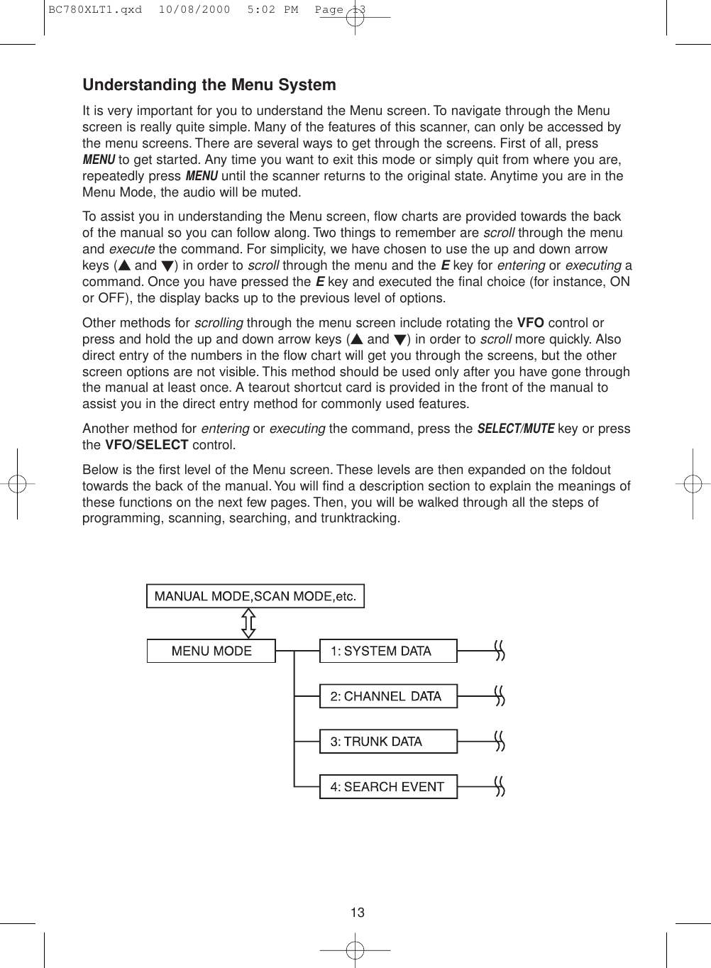 13Understanding the Menu SystemIt is very important for you to understand the Menu screen. To navigate through the Menuscreen is really quite simple. Many of the features of this scanner, can only be accessed bythe menu screens. There are several ways to get through the screens. First of all, pressMENUto get started. Any time you want to exit this mode or simply quit from where you are,repeatedly press MENUuntil the scanner returns to the original state. Anytime you are in theMenu Mode, the audio will be muted.To assist you in understanding the Menu screen, flow charts are provided towards the backof the manual so you can follow along. Two things to remember are scrollthrough the menuand executethe command. For simplicity, we have chosen to use the up and down arrowkeys (▲ and ▼) in order to scrollthrough the menu and the Ekey for enteringor executingacommand. Once you have pressed the E key and executed the final choice (for instance, ONor OFF), the display backs up to the previous level of options.Other methods for scrollingthrough the menu screen include rotating the VFO control orpress and hold the up and down arrow keys (▲ and ▼) in order to scrollmore quickly. Alsodirect entry of the numbers in the flow chart will get you through the screens, but the otherscreen options are not visible. This method should be used only after you have gone throughthe manual at least once. A tearout shortcut card is provided in the front of the manual toassist you in the direct entry method for commonly used features.Another method for entering or executingthe command, press the SELECT/MUTEkey or pressthe VFO/SELECT control.Below is the first level of the Menu screen. These levels are then expanded on the foldouttowards the back of the manual.You will find a description section to explain the meanings ofthese functions on the next few pages. Then, you will be walked through all the steps ofprogramming, scanning, searching, and trunktracking.BC780XLT1.qxd  10/08/2000  5:02 PM  Page 13