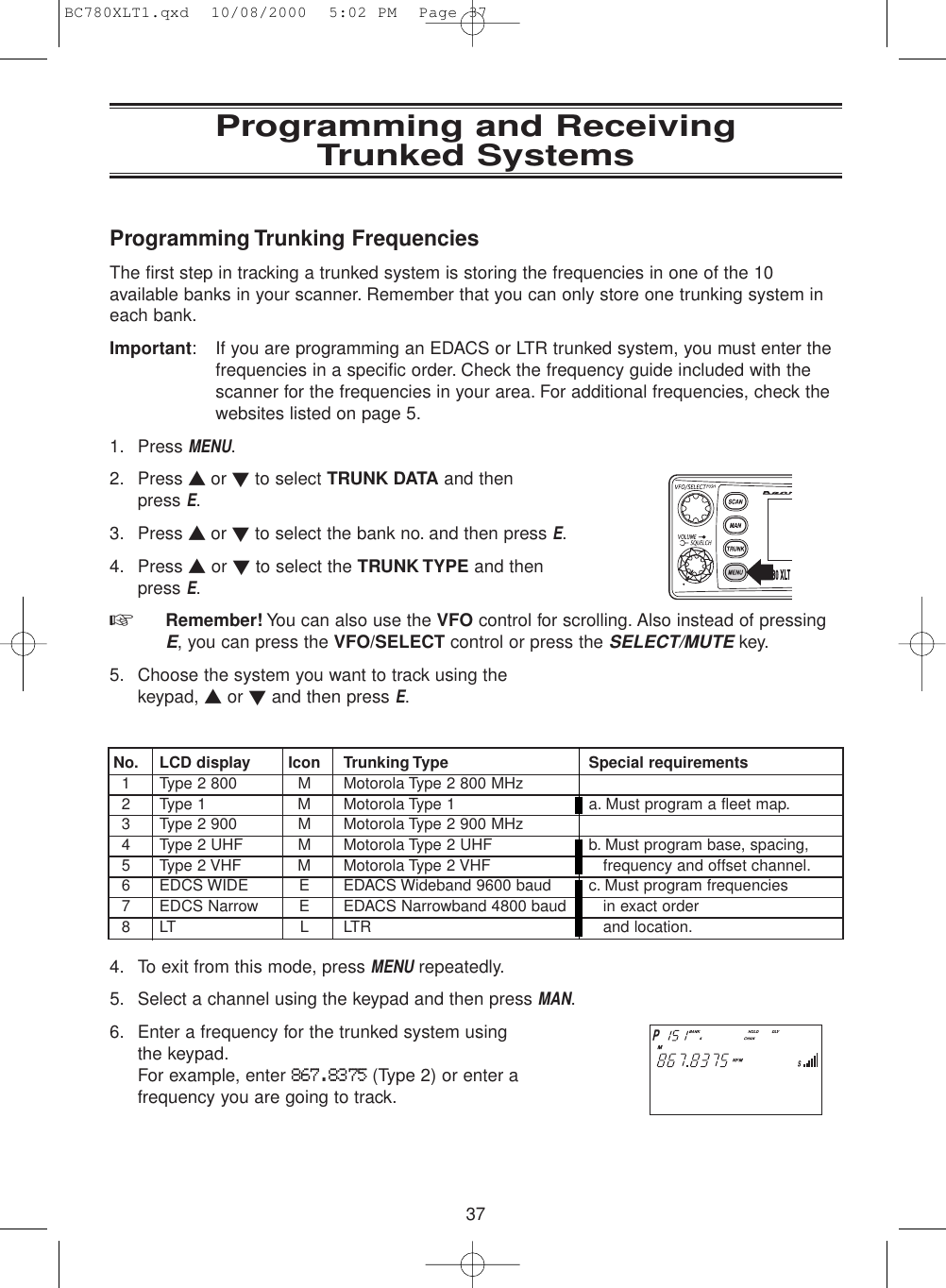 37Programming and Receiving Trunked SystemsProgramming Trunking FrequenciesThe first step in tracking a trunked system is storing the frequencies in one of the 10available banks in your scanner. Remember that you can only store one trunking system ineach bank.Important: If you are programming an EDACS or LTR trunked system, you must enter thefrequencies in a specific order. Check the frequency guide included with thescanner for the frequencies in your area. For additional frequencies, check thewebsites listed on page 5.1. Press MENU.2. Press ▲ or ▼to select TRUNK DATA and then press E.3. Press ▲ or ▼to select the bank no. and then press E.4. Press ▲or ▼to select the TRUNK TYPE and thenpress E.☞  Remember! You can also use the VFO control for scrolling. Also instead of pressingE, you can press the VFO/SELECT control or press the SELECT/MUTEkey.5. Choose the system you want to track using thekeypad, ▲or ▼and then press E.4. To exit from this mode, press MENUrepeatedly.5. Select a channel using the keypad and then press MAN.6. Enter a frequency for the trunked system using the keypad.For example, enter 867.8375(Type 2) or enter afrequency you are going to track.No. LCD display Icon Trunking Type Special requirements1 Type 2 800 M Motorola Type 2 800 MHz2 Type 1 M Motorola Type 1 a. Must program a fleet map.3 Type 2 900 M Motorola Type 2 900 MHz4 Type 2 UHF M Motorola Type 2 UHF b. Must program base, spacing,5 Type 2 VHF M Motorola Type 2 VHF frequency and offset channel.6 EDCS WIDE E EDACS Wideband 9600 baud c. Must program frequencies7 EDCS Narrow E EDACS Narrowband 4800 baud in exact order 8 LT L LTR and location.BC780XLT1.qxd  10/08/2000  5:02 PM  Page 37