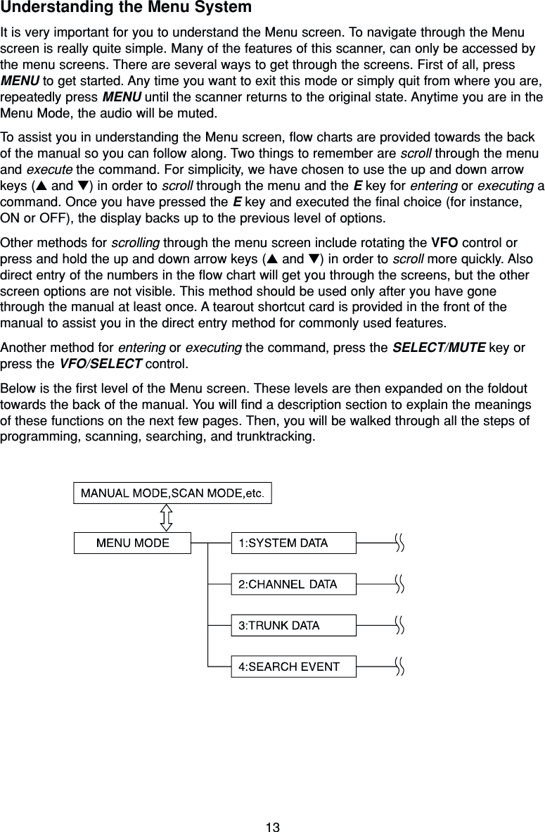 13Understanding the Menu SystemIt is very important for you to understand the Menu screen. To navigate through the Menuscreen is really quite simple. Many of the features of this scanner, can only be accessed bythe menu screens. There are several ways to get through the screens. First of all, pressMENU to get started. Any time you want to exit this mode or simply quit from where you are,repeatedly press MENU until the scanner returns to the original state. Anytime you are in theMenu Mode, the audio will be muted.To assist you in understanding the Menu screen, flow charts are provided towards the backof the manual so you can follow along. Two things to remember are scroll through the menuand execute the command. For simplicity, we have chosen to use the up and down arrowkeys (▲and ▼) in order to scroll through the menu and the Ekey for entering or executing acommand. Once you have pressed the Ekey and executed the final choice (for instance,ON or OFF), the display backs up to the previous level of options.Other methods for scrolling through the menu screen include rotating the VFO control orpress and hold the up and down arrow keys (▲and ▼) in order to scroll more quickly. Alsodirect entry of the numbers in the flow chart will get you through the screens, but the otherscreen options are not visible. This method should be used only after you have gonethrough the manual at least once. A tearout shortcut card is provided in the front of themanual to assist you in the direct entry method for commonly used features.Another method for entering or executing the command, press the SELECT/MUTE key orpress the VFO/SELECT control.Below is the first level of the Menu screen. These levels are then expanded on the foldouttowards the back of the manual. You will find a description section to explain the meaningsof these functions on the next few pages. Then, you will be walked through all the steps ofprogramming, scanning, searching, and trunktracking.