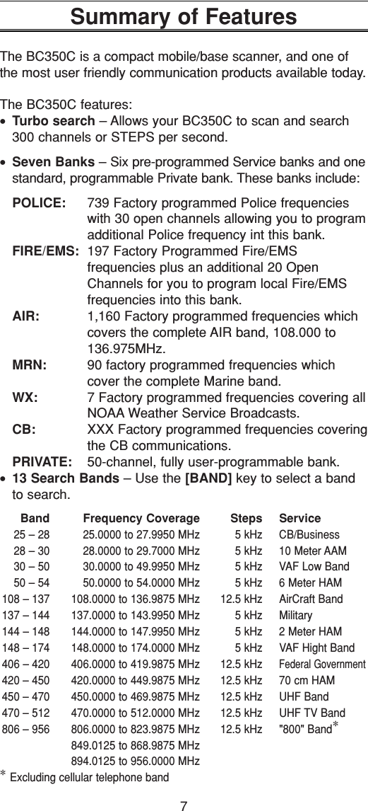 7Summary of FeaturesThe BC350C is a compact mobile/base scanner, and one ofthe most user friendly communication products available today.The BC350C features:•Turbo search – Allows your BC350C to scan and search300 channels or STEPS per second.•Seven Banks – Six pre-programmed Service banks and onestandard, programmable Private bank. These banks include:POLICE: 739 Factory programmed Police frequencieswith 30 open channels allowing you to programadditional Police frequency int this bank.FIRE/EMS: 197 Factory Programmed Fire/EMS frequencies plus an additional 20 OpenChannels for you to program local Fire/EMSfrequencies into this bank. AIR: 1,160 Factory programmed frequencies whichcovers the complete AIR band, 108.000 to136.975MHz.MRN: 90 factory programmed frequencies whichcover the complete Marine band.WX: 7 Factory programmed frequencies covering allNOAA Weather Service Broadcasts.CB: XXX Factory programmed frequencies coveringthe CB communications.PRIVATE: 50-channel, fully user-programmable bank.•13 Search Bands – Use the [BAND] key to select a bandto search.Band Frequency Coverage Steps Service25 – 28 25.0000 to 27.9950 MHz 5 kHz CB/Business28 – 30 28.0000 to 29.7000 MHz 5 kHz 10 Meter AAM30 – 50 30.0000 to 49.9950 MHz 5 kHz VAF Low Band50 – 54 50.0000 to 54.0000 MHz 5 kHz 6 Meter HAM108 – 137 108.0000 to 136.9875 MHz 12.5 kHz AirCraft Band137 – 144 137.0000 to 143.9950 MHz 5 kHz Military144 – 148 144.0000 to 147.9950 MHz 5 kHz 2 Meter HAM148 – 174 148.0000 to 174.0000 MHz 5 kHz VAF Hight Band406 – 420 406.0000 to 419.9875 MHz 12.5 kHzFederal Government420 – 450 420.0000 to 449.9875 MHz 12.5 kHz 70 cm HAM450 – 470 450.0000 to 469.9875 MHz 12.5 kHz UHF Band470 – 512 470.0000 to 512.0000 MHz 12.5 kHz UHF TV Band806 – 956 806.0000 to 823.9875 MHz 12.5 kHz &quot;800&quot; Band∗849.0125 to 868.9875 MHz894.0125 to 956.0000 MHz∗Excluding cellular telephone band