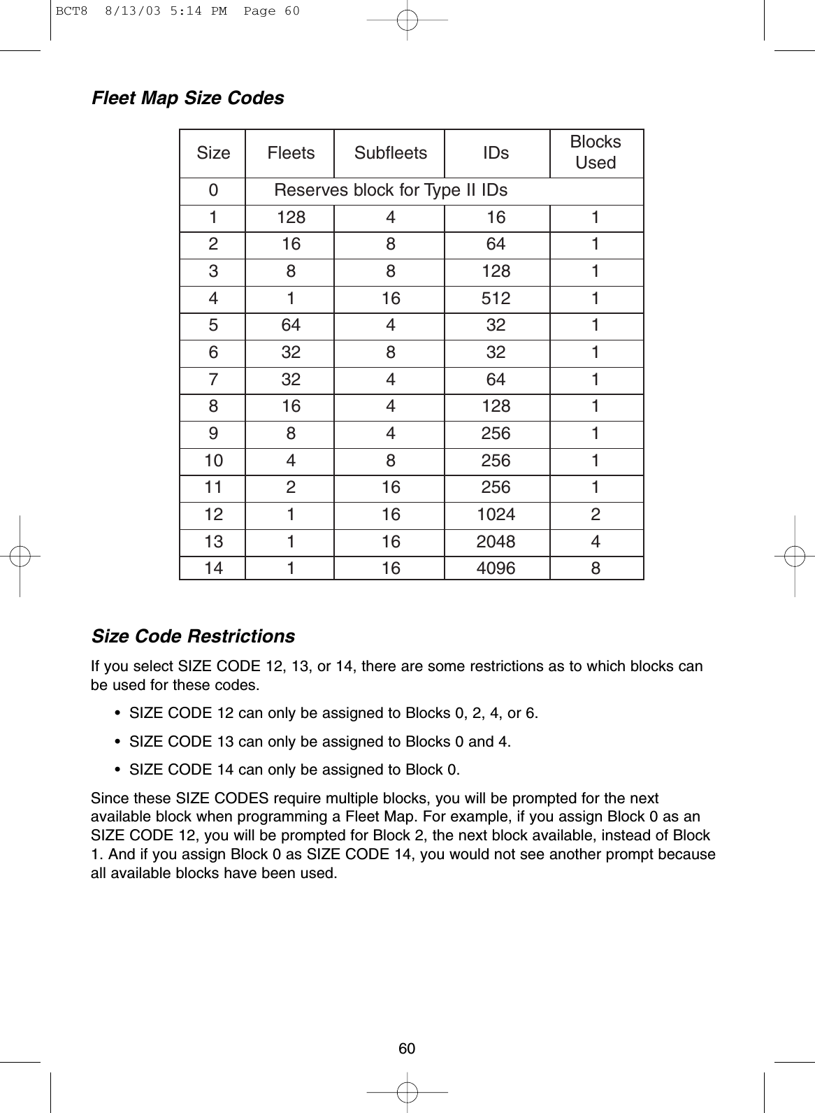 Fleet Map Size CodesSize Code RestrictionsIf you select SIZE CODE 12, 13, or 14, there are some restrictions as to which blocks canbe used for these codes.• SIZE CODE 12 can only be assigned to Blocks 0, 2, 4, or 6.• SIZE CODE 13 can only be assigned to Blocks 0 and 4.• SIZE CODE 14 can only be assigned to Block 0.Since these SIZE CODES require multiple blocks, you will be prompted for the nextavailable block when programming a Fleet Map. For example, if you assign Block 0 as anSIZE CODE 12, you will be prompted for Block 2, the next block available, instead of Block1. And if you assign Block 0 as SIZE CODE 14, you would not see another prompt becauseall available blocks have been used.Size Fleets Subfleets IDs BlocksUsed0 Reserves block for Type II IDs1 128 4 16 12 16 8 64 13 8 8 128 14 1 16 512 15 64 4 32 16 32 8 32 17 32 4 64 18 16 4 128 19 8 4 256 110 4 8 256 111 2 16 256 112 1 16 1024 213 1 16 2048 414 1 16 4096 860BCT8  8/13/03 5:14 PM  Page 60