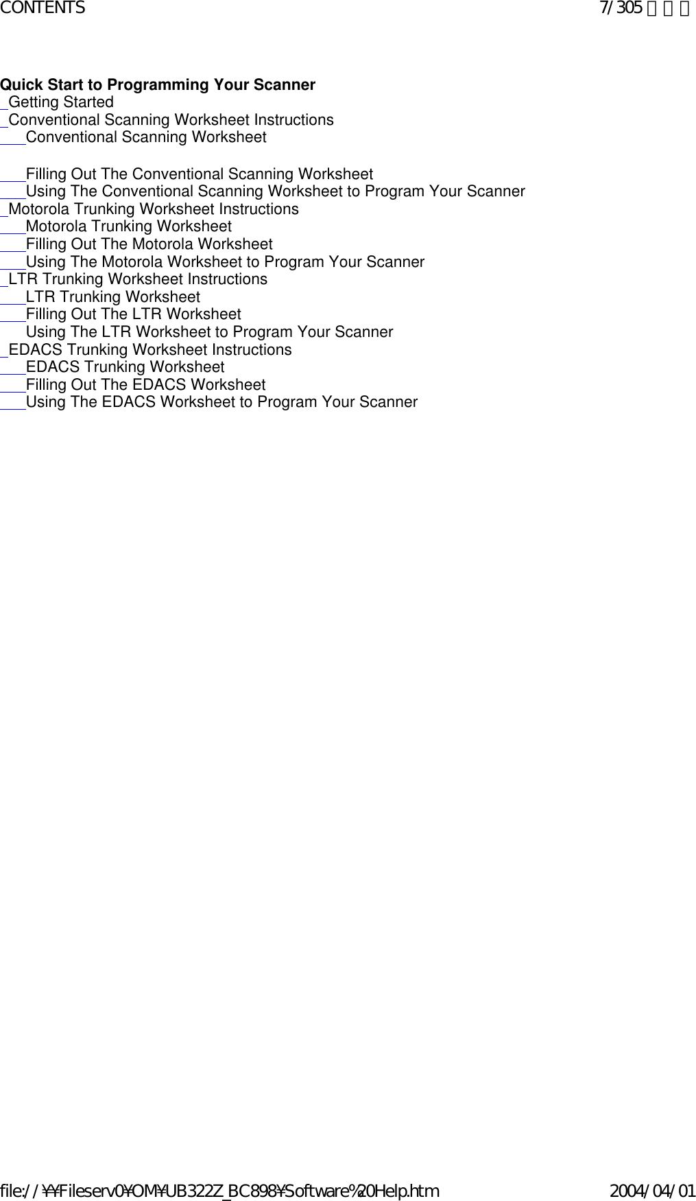 Quick Start to Programming Your Scanner  Getting Started   Conventional Scanning Worksheet Instructions       Conventional Scanning Worksheet        Filling Out The Conventional Scanning Worksheet       Using The Conventional Scanning Worksheet to Program Your Scanner   Motorola Trunking Worksheet Instructions       Motorola Trunking Worksheet       Filling Out The Motorola Worksheet       Using The Motorola Worksheet to Program Your Scanner   LTR Trunking Worksheet Instructions       LTR Trunking Worksheet       Filling Out The LTR Worksheet       Using The LTR Worksheet to Program Your Scanner   EDACS Trunking Worksheet Instructions       EDACS Trunking Worksheet       Filling Out The EDACS Worksheet       Using The EDACS Worksheet to Program Your Scanner  7/305 ページCONTENTS2004/04/01file://¥¥Fileserv0¥OM¥UB322Z_BC898¥Software%20Help.htm