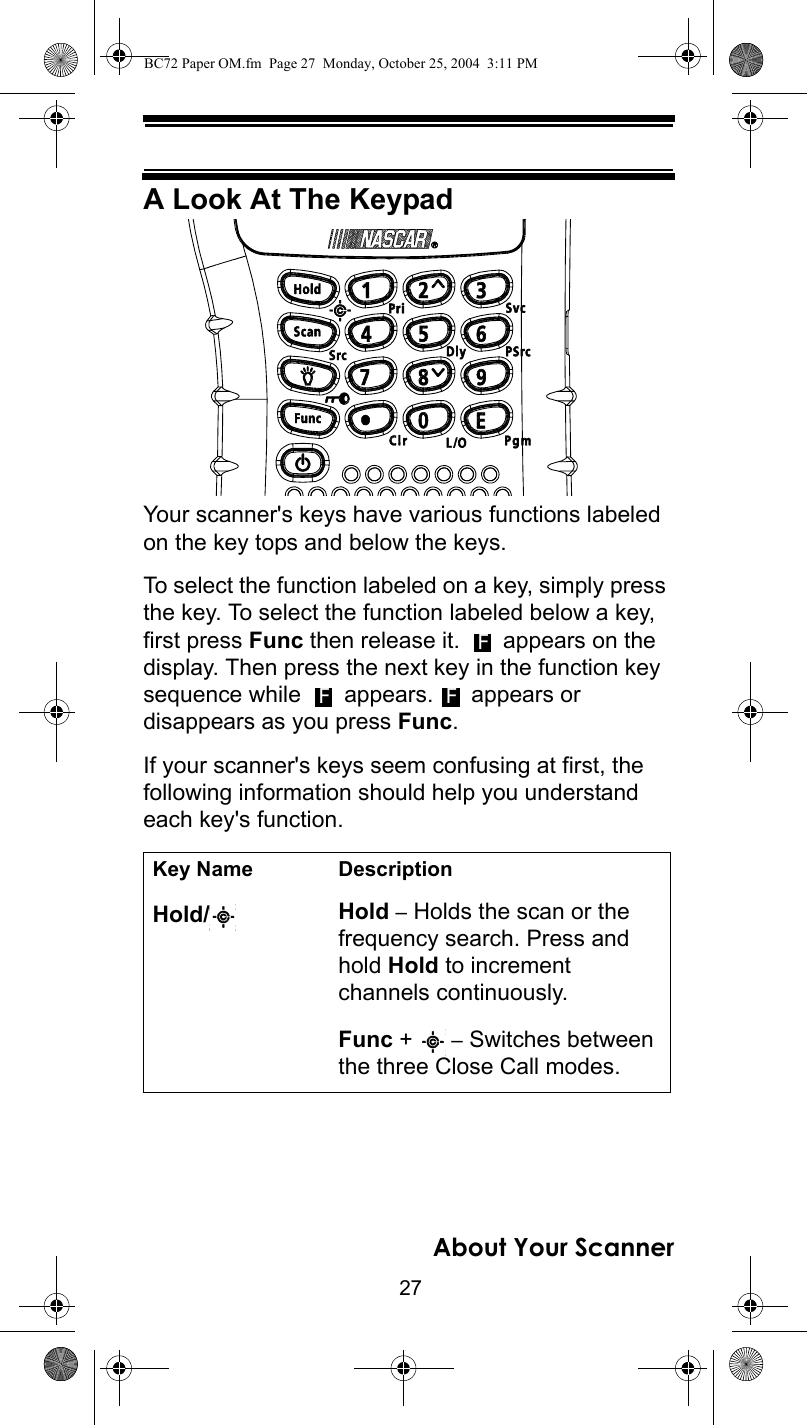 27About Your ScannerA Look At The KeypadYour scanner&apos;s keys have various functions labeled on the key tops and below the keys. To select the function labeled on a key, simply press the key. To select the function labeled below a key, first press Func then release it.   appears on the display. Then press the next key in the function key sequence while   appears.   appears or disappears as you press Func.If your scanner&apos;s keys seem confusing at first, the following information should help you understand each key&apos;s function.Key Name DescriptionHold/ Hold – Holds the scan or the frequency search. Press and hold Hold to increment channels continuously.Func +   – Switches between the three Close Call modes.FF FBC72 Paper OM.fm  Page 27  Monday, October 25, 2004  3:11 PM