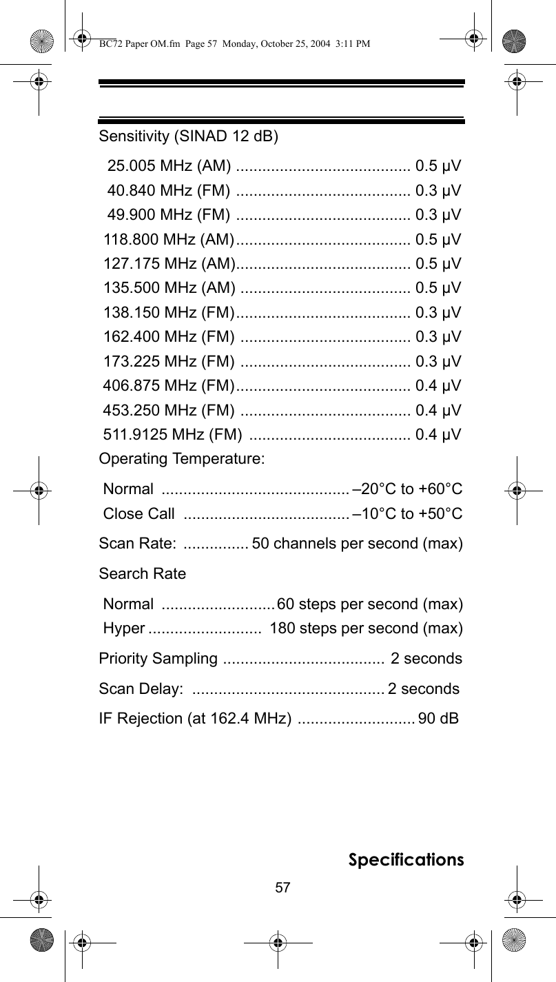 57SpecificationsSensitivity (SINAD 12 dB)  25.005 MHz (AM) ........................................ 0.5 µV  40.840 MHz (FM) ........................................ 0.3 µV  49.900 MHz (FM) ........................................ 0.3 µV 118.800 MHz (AM)........................................ 0.5 µV 127.175 MHz (AM)........................................ 0.5 µV 135.500 MHz (AM) ....................................... 0.5 µV 138.150 MHz (FM)........................................ 0.3 µV 162.400 MHz (FM) ....................................... 0.3 µV 173.225 MHz (FM) ....................................... 0.3 µV 406.875 MHz (FM)........................................ 0.4 µV 453.250 MHz (FM) ....................................... 0.4 µV 511.9125 MHz (FM)  ..................................... 0.4 µVOperating Temperature: Normal  ........................................... –20°C to +60°C Close Call  ...................................... –10°C to +50°CScan Rate:  ............... 50 channels per second (max)Search Rate Normal  ..........................60 steps per second (max) Hyper ..........................  180 steps per second (max)Priority Sampling ..................................... 2 secondsScan Delay:  ............................................ 2 secondsIF Rejection (at 162.4 MHz) ........................... 90 dBBC72 Paper OM.fm  Page 57  Monday, October 25, 2004  3:11 PM