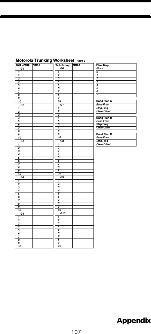 107AppendixTalk Group Name Talk Group Name Fleet MapG1 G6 Block1102213324435546657768879910 10 Band Plan AG2 G7 Base Freq11 Step Freq22Chan Offset3344Band Plan B55 Base Freq66 Step Freq77 Chan Offset8899Band Plan C10 10 Base FreqG3 G8 Step Freq11 Chan Offset223344556677889910 10G4 G911223344556677889910 10G5 G101122334455667788991010Motorola Trunking Worksheet Page 2