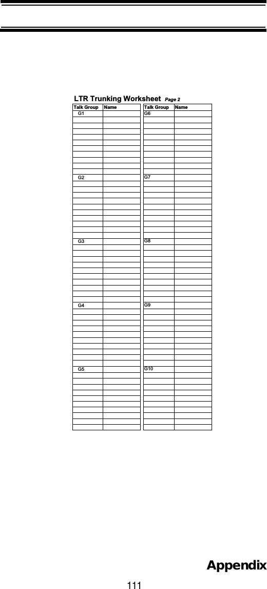 111AppendixTalk Group Name Talk Group NameG1 G6G2 G7G3 G8G4 G9G5 G10LTR Trunking Worksheet Page 2