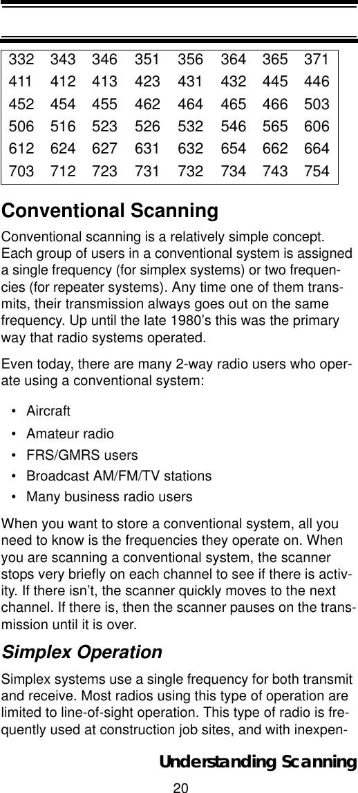 20Understanding ScanningConventional ScanningConventional scanning is a relatively simple concept. Each group of users in a conventional system is assigned a single frequency (for simplex systems) or two frequen-cies (for repeater systems). Any time one of them trans-mits, their transmission always goes out on the same frequency. Up until the late 1980’s this was the primary way that radio systems operated. Even today, there are many 2-way radio users who oper-ate using a conventional system: •Aircraft • Amateur radio • FRS/GMRS users • Broadcast AM/FM/TV stations • Many business radio users When you want to store a conventional system, all you need to know is the frequencies they operate on. When you are scanning a conventional system, the scanner stops very briefly on each channel to see if there is activ-ity. If there isn’t, the scanner quickly moves to the next channel. If there is, then the scanner pauses on the trans-mission until it is over. Simplex OperationSimplex systems use a single frequency for both transmit and receive. Most radios using this type of operation are limited to line-of-sight operation. This type of radio is fre-quently used at construction job sites, and with inexpen-332 343 346 351 356 364 365 371411 412 413 423 431 432 445 446452 454 455 462 464 465 466 503506 516 523 526 532 546 565 606612 624 627 631 632 654 662 664703 712 723 731 732 734 743 754