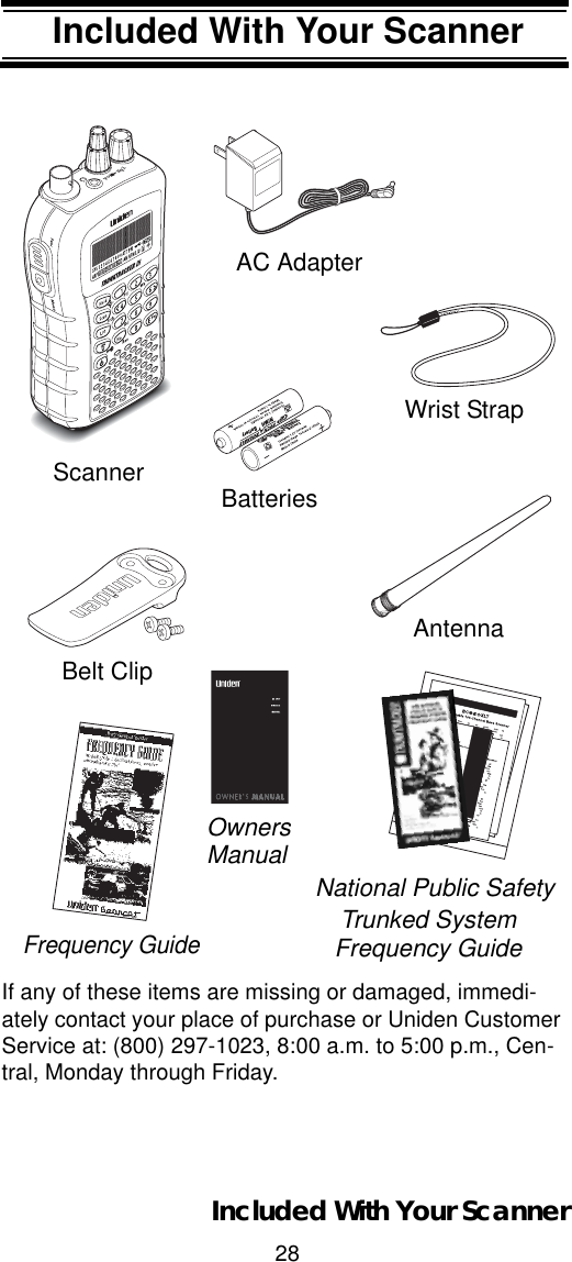 28Included With Your ScannerIncluded With Your ScannerIf any of these items are missing or damaged, immedi-ately contact your place of purchase or Uniden Customer Service at: (800) 297-1023, 8:00 a.m. to 5:00 p.m., Cen-tral, Monday through Friday. Setting Up Your ScannerOwnersScannerAC AdapterFrequency GuideNational Public SafetyTrunked SystemFrequency GuideBelt ClipVolSqlManualAntennaWrist StrapBatteriesIncluded With Your Scanner