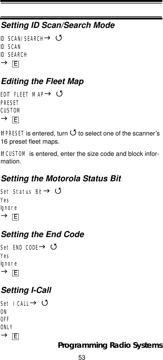 53Programming Radio SystemsSetting ID Scan/Search ModeID SCAN/SEARCHJ4ID SCANID SEARCHJEditing the Fleet MapEDIT FLEET MAPJ4PRESETCUSTOMJIf PRESET is entered, turn 4 to select one of the scanner’s 16 preset fleet maps.If CUSTOM is entered, enter the size code and block infor-mation.Setting the Motorola Status BitSet Status BitJ4YesIgnoreJSetting the End CodeSet END CODEJ4YesIgnoreJSetting I-CallSet ICALLJ4ONOFFONLYJEEEEE