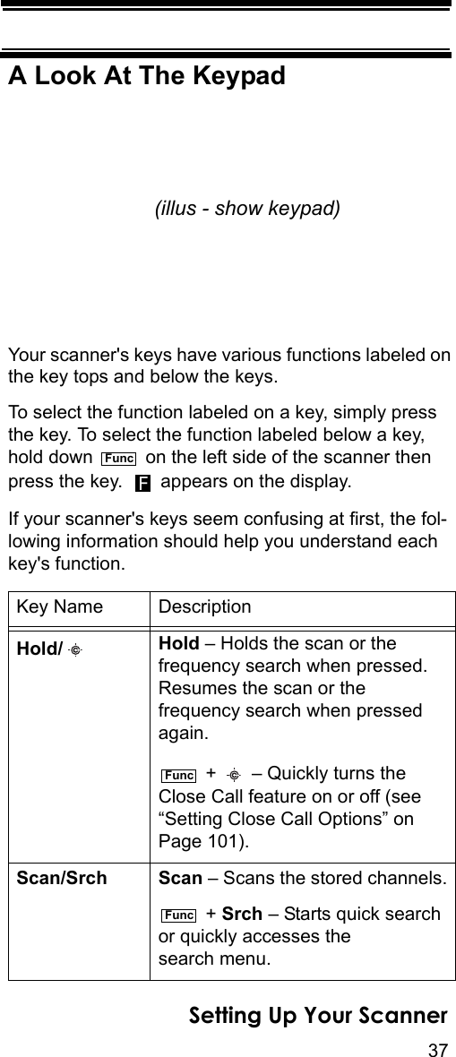 37Setting Up Your ScannerA Look At The KeypadYour scanner&apos;s keys have various functions labeled on the key tops and below the keys. To select the function labeled on a key, simply press the key. To select the function labeled below a key, hold down   on the left side of the scanner then press the key.   appears on the display.If your scanner&apos;s keys seem confusing at first, the fol-lowing information should help you understand each key&apos;s function.Key Name DescriptionHold/ Hold – Holds the scan or the frequency search when pressed. Resumes the scan or the frequency search when pressed again. +   – Quickly turns the Close Call feature on or off (see “Setting Close Call Options” on Page 101).Scan/Srch Scan – Scans the stored channels. + Srch – Starts quick search or quickly accesses the search menu.(illus - show keypad)FuncFFuncFunc