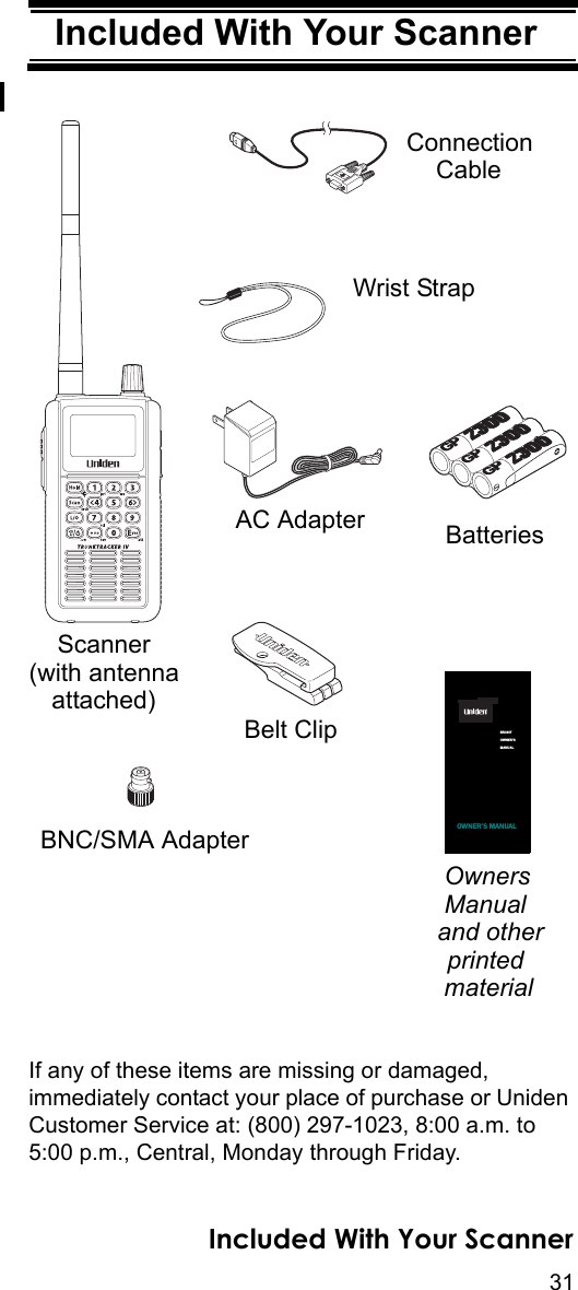 31Included With Your ScannerIncluded With Your ScannerIf any of these items are missing or damaged, immediately contact your place of purchase or Uniden Customer Service at: (800) 297-1023, 8:00 a.m. to 5:00 p.m., Central, Monday through Friday. Owners ScannerAC AdapterBelt ClipManualWrist StrapBatteriesConnectionCable(with antennaattached)BNC/SMA Adapterand otherprintedmaterialBR330TOWNER’SMANUALOWNER’S MANUALIncluded With Your Scanner