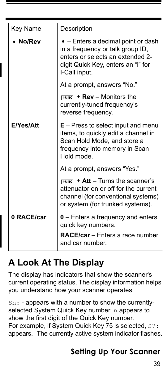 39Setting Up Your ScannerA Look At The DisplayThe display has indicators that show the scanner&apos;s current operating status. The display information helps you understand how your scanner operates.Sn: - appears with a number to show the currently-selected System Quick Key number. n appears to show the first digit of the Quick Key number. For example, if System Quick Key 75 is selected, S7: appears. The currently active system indicator flashes. No/Rev  – Enters a decimal point or dash in a frequency or talk group ID, enters or selects an extended 2-digit Quick Key, enters an “i” for I-Call input.At a prompt, answers “No.” + Rev – Monitors the currently-tuned frequency’s reverse frequency.E/Yes/Att E – Press to select input and menu items, to quickly edit a channel in Scan Hold Mode, and store a frequency into memory in Scan Hold mode.At a prompt, answers “Yes.” + Att – Turns the scanner’s attenuator on or off for the current channel (for conventional systems) or system (for trunked systems).0 RACE/car 0 – Enters a frequency and enters quick key numbers.RACE/car – Enters a race number and car number.Key Name DescriptionFuncFunc