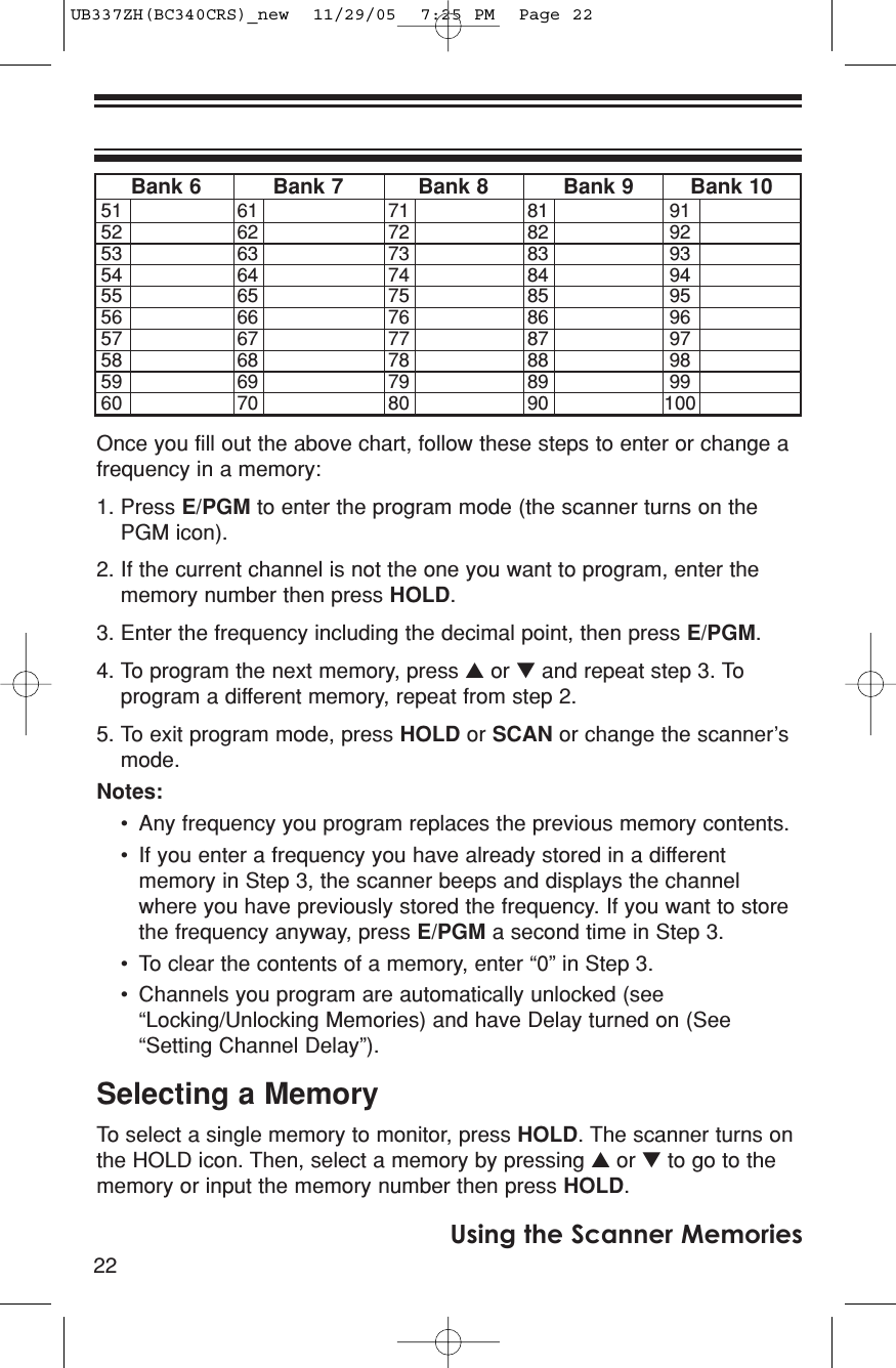 22Using the Scanner MemoriesOnce you fill out the above chart, follow these steps to enter or change afrequency in a memory:1. Press E/PGM to enter the program mode (the scanner turns on thePGM icon).2. If the current channel is not the one you want to program, enter thememory number then press HOLD.3. Enter the frequency including the decimal point, then press E/PGM.4. To program the next memory, press ▲or ▼and repeat step 3. Toprogram a different memory, repeat from step 2.5. To exit program mode, press HOLD or SCAN or change the scanner’smode.Notes:• Any frequency you program replaces the previous memory contents.• If you enter a frequency you have already stored in a differentmemory in Step 3, the scanner beeps and displays the channelwhere you have previously stored the frequency. If you want to storethe frequency anyway, press E/PGM a second time in Step 3.• To clear the contents of a memory, enter “0” in Step 3.• Channels you program are automatically unlocked (see“Locking/Unlocking Memories) and have Delay turned on (See“Setting Channel Delay”).Selecting a MemoryTo select a single memory to monitor, press HOLD. The scanner turns onthe HOLD icon. Then, select a memory by pressing ▲or ▼to go to thememory or input the memory number then press HOLD.Bank 6 Bank 7 Bank 8 Bank 9 Bank 1051 61 71 81 9152 62 72 82 9253 63 73 83 9354 64 74 84 9455 65 75 85 9556 66 76 86 9657 67 77 87 9758 68 78 88 9859 69 79 89 9960 70 80 90 100UB337ZH(BC340CRS)_new  11/29/05  7:25 PM  Page 22