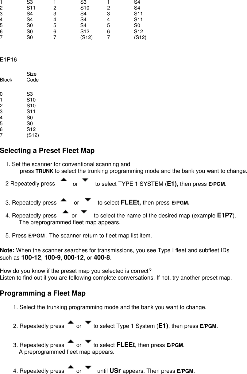 1   S3   1   S3   1   S4 2   S11   2   S10   2   S4 3   S4   3  S4   3   S11 4   S4   4   S4  4   S11 5   S0   5   S4   5   S0 6   S0   6   S12   6   S12 7   S0   7   (S12)   7   (S12)   E1P16  Size      Block   Code  0   S3 1 S10 2 S10 3   S11 4   S0 5   S0 6 S12 7   (S12)  Selecting a Preset Fleet Map  1. Set the scanner for conventional scanning and press TRUNK to select the trunking programming mode and the bank you want to change.   2 Repeatedly press   or   to select TYPE 1 SYSTEM (E1), then press E/PGM.   3. Repeatedly press   or   to select FLEEt, then press E/PGM.  4. Repeatedly press  or   to select the name of the desired map (example E1P7).  The preprogrammed fleet map appears.  5. Press E/PGM . The scanner return to fleet map list item.  Note: When the scanner searches for transmissions, you see Type I fleet and subfleet IDs   such as 100-12, 100-9, 000-12, or 400-8.  How do you know if the preset map you selected is correct? Listen to find out if you are following complete conversations. If not, try another preset map.  Programming a Fleet Map  1. Select the trunking programming mode and the bank you want to change.  2. Repeatedly press  or  to select Type 1 System (E1), then press E/PGM.   3. Repeatedly press  or  to select FLEEt, then press E/PGM. A preprogrammed fleet map appears.  4. Repeatedly press  or   until USr appears. Then press E/PGM.  
