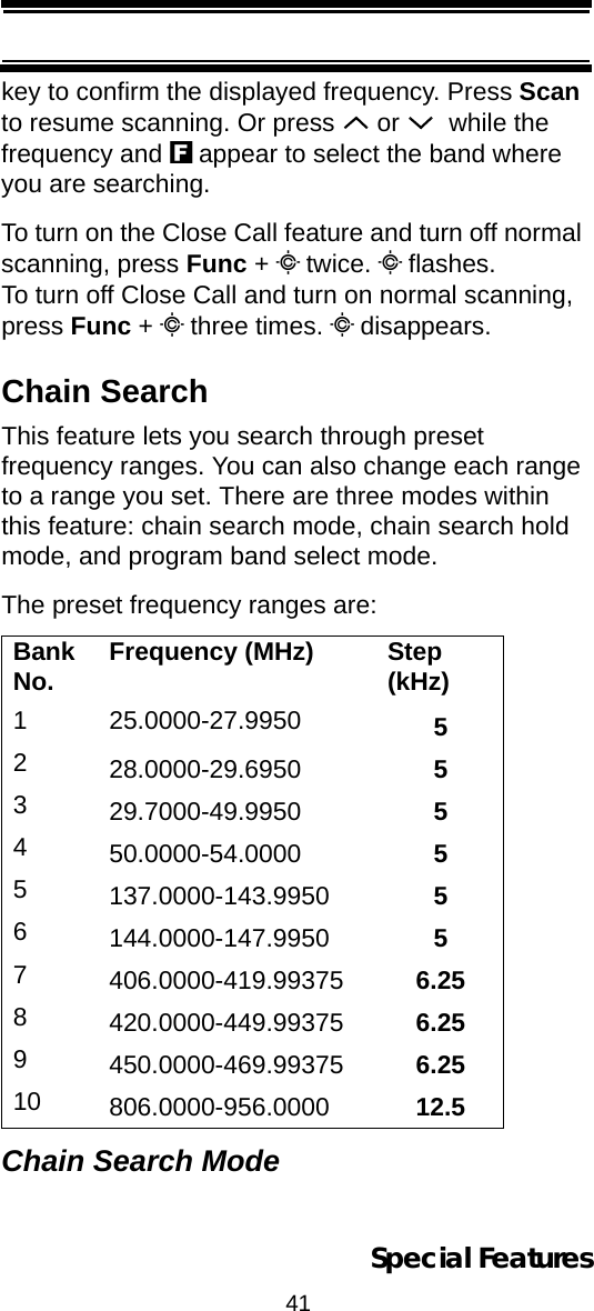 41Special Featureskey to confirm the displayed frequency. Press Scan to resume scanning. Or press   or    while the frequency and f appear to select the band where you are searching.To turn on the Close Call feature and turn off normal scanning, press Func + C twice. C flashes. To turn off Close Call and turn on normal scanning, press Func + C three times. C disappears.Chain SearchThis feature lets you search through preset frequency ranges. You can also change each range to a range you set. There are three modes within this feature: chain search mode, chain search hold mode, and program band select mode.The preset frequency ranges are:Chain Search ModeBank No. Frequency (MHz) Step (kHz)1 25.0000-27.9950  5228.0000-29.6950  5329.7000-49.9950  5450.0000-54.0000  55137.0000-143.9950  56144.0000-147.9950  57406.0000-419.99375  6.258420.0000-449.99375  6.259450.0000-469.99375  6.2510 806.0000-956.0000  12.5