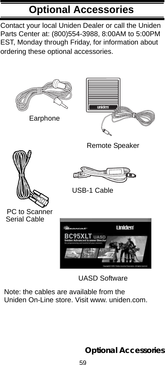 59Optional AccessoriesOptional AccessoriesContact your local Uniden Dealer or call the Uniden Parts Center at: (800)554-3988, 8:00AM to 5:00PM EST, Monday through Friday, for information about ordering these optional accessories.EarphoneRemote SpeakerUASD SoftwareUSB-1 Cable®BC95XLTPC to ScannerSerial CableNote: the cables are available from theUniden On-Line store. Visit www. uniden.com.Optional Accessories