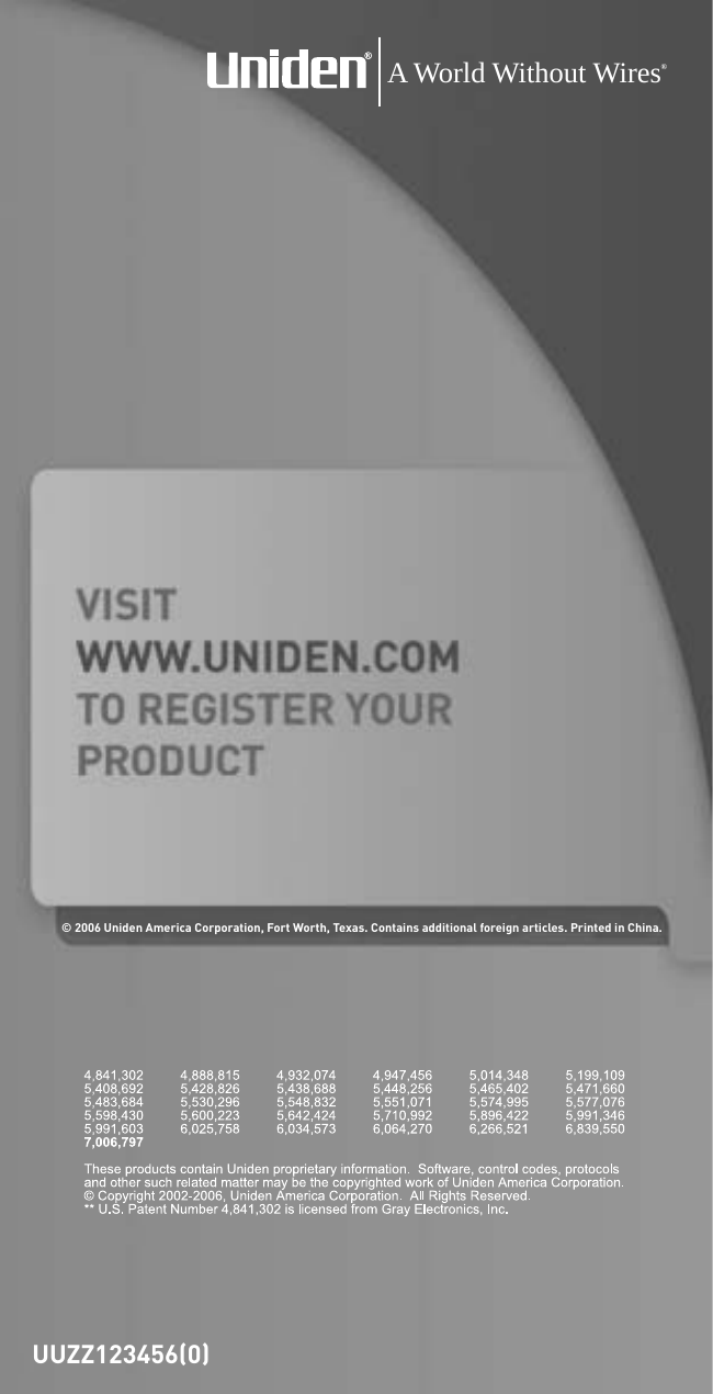 © 2006 Uniden America Corporation, Fort Worth, Texas. Contains additional foreign articles. Printed in China.UUZZ123456(0)A World Without Wires®  