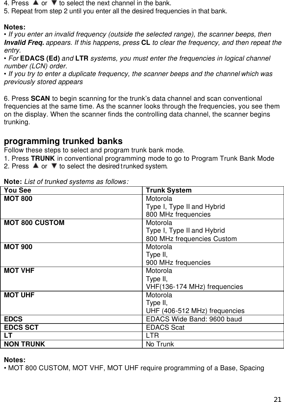  21 4. Press   or   to select the next channel in the bank. 5. Repeat from step 2 until you enter all the desired frequencies in that bank.  Notes: • If you enter an invalid frequency (outside the selected range), the scanner beeps, then Invalid Freq. appears. If this happens, press CL to clear the frequency, and then repeat the entry. • For EDACS (Ed) and LTR systems, you must enter the frequencies in logical channel number (LCN) order. • If you try to enter a duplicate frequency, the scanner beeps and the channel which was previously stored appears  6. Press SCAN to begin scanning for the trunk’s data channel and scan conventional frequencies at the same time. As the scanner looks through the frequencies, you see them on the display. When the scanner finds the controlling data channel, the scanner begins trunking.  programming trunked banks Follow these steps to select and program trunk bank mode. 1. Press TRUNK in conventional programming mode to go to Program Trunk Bank Mode 2. Press   or   to select the desired trunked system.  Note: List of trunked systems as follows: You See Trunk System MOT 800 Motorola Type I, Type II and Hybrid 800 MHz frequencies MOT 800 CUSTOM Motorola Type I, Type II and Hybrid 800 MHz frequencies Custom MOT 900 Motorola Type II, 900 MHz frequencies MOT VHF Motorola Type II, VHF(136-174 MHz) frequencies MOT UHF Motorola Type II, UHF (406-512 MHz) frequencies EDCS EDACS Wide Band: 9600 baud EDCS SCT EDACS Scat LT LTR NON TRUNK No Trunk  Notes: • MOT 800 CUSTOM, MOT VHF, MOT UHF require programming of a Base, Spacing 