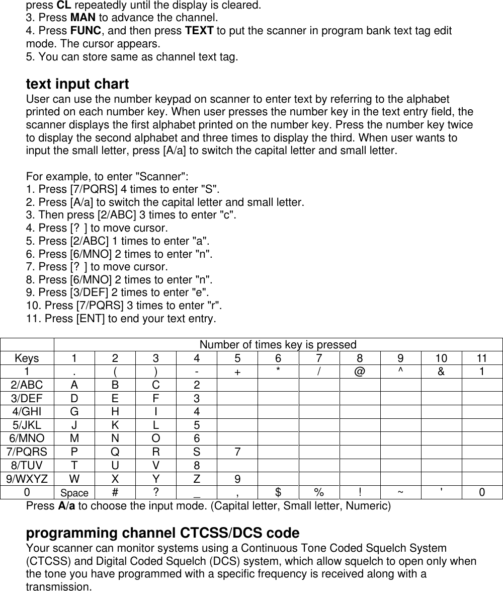 press CL repeatedly until the display is cleared. 3. Press MAN to advance the channel. 4. Press FUNC, and then press TEXT to put the scanner in program bank text tag edit mode. The cursor appears. 5. You can store same as channel text tag.  text input chart User can use the number keypad on scanner to enter text by referring to the alphabet printed on each number key. When user presses the number key in the text entry field, the scanner displays the first alphabet printed on the number key. Press the number key twice to display the second alphabet and three times to display the third. When user wants to input the small letter, press [A/a] to switch the capital letter and small letter.  For example, to enter &quot;Scanner&quot;: 1. Press [7/PQRS] 4 times to enter &quot;S&quot;. 2. Press [A/a] to switch the capital letter and small letter. 3. Then press [2/ABC] 3 times to enter &quot;c&quot;. 4. Press [?] to move cursor. 5. Press [2/ABC] 1 times to enter &quot;a&quot;. 6. Press [6/MNO] 2 times to enter &quot;n&quot;. 7. Press [?] to move cursor. 8. Press [6/MNO] 2 times to enter &quot;n&quot;. 9. Press [3/DEF] 2 times to enter &quot;e&quot;. 10. Press [7/PQRS] 3 times to enter &quot;r&quot;. 11. Press [ENT] to end your text entry.   Number of times key is pressed Keys 1 2 3 4 5 6 7 8 9 10 11 1 . ( ) - + * / @ ^ &amp; 1 2/ABC A B C 2               3/DEF D E F 3               4/GHI G H I 4               5/JKL J K L 5               6/MNO M N O 6               7/PQRS P Q R S 7             8/TUV T U V 8               9/WXYZ W X Y Z 9             0 Space # ? _ , $ % ! ~ &apos; 0 Press A/a to choose the input mode. (Capital letter, Small letter, Numeric)  programming channel CTCSS/DCS code Your scanner can monitor systems using a Continuous Tone Coded Squelch System (CTCSS) and Digital Coded Squelch (DCS) system, which allow squelch to open only when the tone you have programmed with a specific frequency is received along with a transmission.    