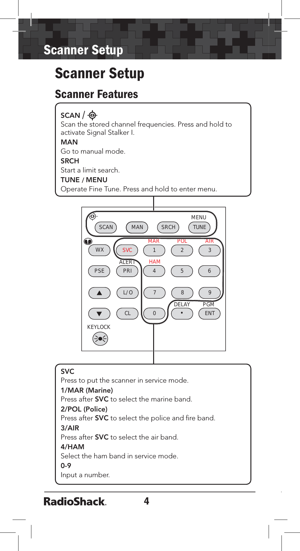 4Scanner SetupSCAN MAN SRCH TUNEMENU321SVC MAR POL AIRHAMWXPSE PRI 4ALERT 56L/O 789CL 0•ENTPGMDELAYKEYLOCKScanner SetupScanner FeaturesSCAN/Scan the stored channel frequencies. Press and hold to activate Signal Stalker I. MANGo to manual mode.SRCHStart a limit search.TUNE/ MENUOperate Fine Tune. Press and hold to enter menu.SVCPress to put the scanner in service mode.1/MAR (Marine)Press after SVC to select the marine band.2/POL (Police)Press after SVC to select the police and ﬁre band.3/AIRPress after SVC to select the air band.4/HAMSelect the ham band in service mode.0-9Input a number.