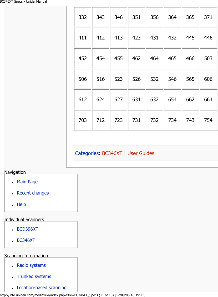 BC346XT Specs - UnidenManualNavigation ●     Main Page ●     Recent changes ●     Help Individual Scanners ●     BCD396XT ●     BC346XT Scanning Information ●     Radio systems ●     Trunked systems ●     Location-based scanning http://info.uniden.com/mediawiki/index.php?title=BC346XT_Specs (11 of 13) [12/09/08 16:19:11] Categories: BC346XT | User Guides332  343  346  351  356  364  365  371 411  412  413  423  431  432  445  446 452  454  455  462  464  465  466  503 506  516  523  526  532  546  565  606 612  624  627  631  632  654  662  664 703  712  723  731  732  734  743  754 