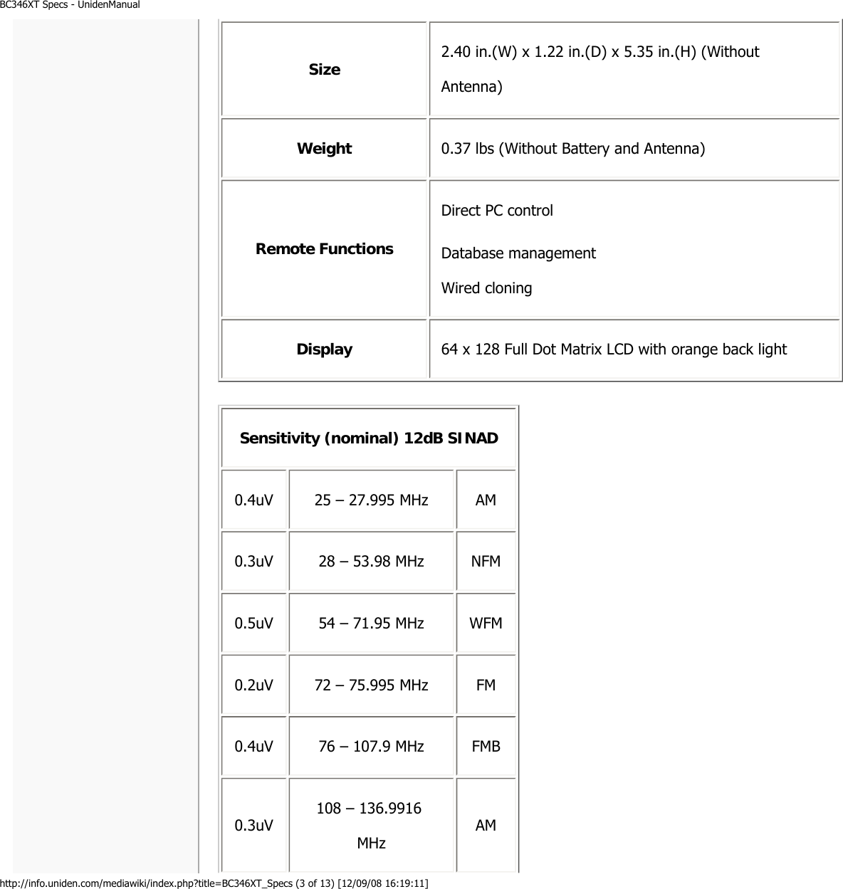 BC346XT Specs - UnidenManualhttp://info.uniden.com/mediawiki/index.php?title=BC346XT_Specs (3 of 13) [12/09/08 16:19:11] Size  2.40 in.(W) x 1.22 in.(D) x 5.35 in.(H) (Without Antenna) Weight  0.37 lbs (Without Battery and Antenna) Remote Functions Direct PC control Display  64 x 128 Full Dot Matrix LCD with orange back light Sensitivity (nominal) 12dB SINAD 0.4uV  25 – 27.995 MHz  AM 0.3uV  28 – 53.98 MHz  NFM 0.5uV  54 – 71.95 MHz  WFM 0.2uV  72 – 75.995 MHz  FM 0.4uV  76 – 107.9 MHz  FMB 0.3uV  108 – 136.9916 MHz  AM Database management Wired cloning 