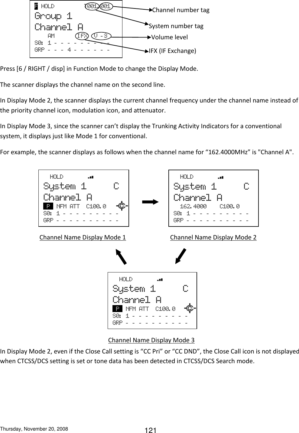 Thursday, November 20, 2008 121     Press [6 / RIGHT / disp] in Function Mode to change the Display Mode. The scanner displays the channel name on the second line. In Display Mode 2, the scanner displays the current channel frequency under the channel name instead of the priority channel icon, modulation icon, and attenuator. In Display Mode 3, since the scanner can’t display the Trunking Activity Indicators for a conventional system, it displays just like Mode 1 for conventional. For example, the scanner displays as follows when the channel name for “162.4000MHz” is &quot;Channel A&quot;.                        In Display Mode 2, even if the Close Call setting is “CC Pri” or “CC DND”, the Close Call icon is not displayed when CTCSS/DCS setting is set or tone data has been detected in CTCSS/DCS Search mode. F  HOLD                  T001. 001 Group  1 Channel  A     AM              I FX  V  - 3 S0:   1  -   -   -   -   -   -   -   -   -  GRP  -   -   -   4  -   -   -   -   -   -  Channel number tag System number tag IFX (IF Exchange) Volume level   HOLD               System  1          C Channel  A   162. 4000        C100. 0 S0:   1  -   -   -   -   -   -   -   -   -  GRP  -   -   -   -   -   -   -   -   -   -  Channel Name Display Mode 1                Channel Name Display Mode 2 Channel Name Display Mode 3   HOLD                 System  1          C Channel  A  P   NFM  ATT  C100. 0   S0:   1  -   -   -   -   -   -   -   -   -     GRP  -   -   -   -   -   -   -   -   -   -     HOLD                 System  1          C Channel  A  P   NFM  ATT  C100. 0   S0:   1  -   -   -   -   -   -   -   -   -     GRP  -   -   -   -   -   -   -   -   -   -   