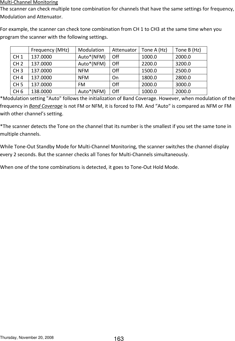 Thursday, November 20, 2008 163 Multi-Channel Monitoring The scanner can check multiple tone combination for channels that have the same settings for frequency, Modulation and Attenuator. For example, the scanner can check tone combination from CH 1 to CH3 at the same time when you program the scanner with the following settings.  Frequency (MHz) Modulation Attenuator Tone A (Hz) Tone B (Hz) CH 1 137.0000 Auto*(NFM) Off 1000.0 2000.0 CH 2 137.0000 Auto*(NFM) Off 2200.0 3200.0 CH 3 137.0000 NFM Off 1500.0 2500.0 CH 4 137.0000 NFM On 1800.0 2800.0 CH 5 137.0000 FM Off 2000.0 3000.0 CH 6 138.0000 Auto*(NFM) Off 1000.0 2000.0 *Modulation setting &quot;Auto&quot; follows the initialization of Band Coverage. However, when modulation of the frequency in Band Coverage is not FM or NFM, it is forced to FM. And “Auto“ is compared as NFM or FM with other channel’s setting. *The scanner detects the Tone on the channel that its number is the smallest if you set the same tone in multiple channels. While Tone-Out Standby Mode for Multi-Channel Monitoring, the scanner switches the channel display every 2 seconds. But the scanner checks all Tones for Multi-Channels simultaneously. When one of the tone combinations is detected, it goes to Tone-Out Hold Mode. 