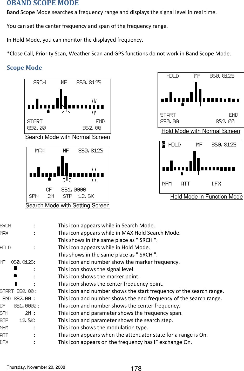 Thursday, November 20, 2008 178 0BAND SCOPE MODE Band Scope Mode searches a frequency range and displays the signal level in real time. You can set the center frequency and span of the frequency range. In Hold Mode, you can monitor the displayed frequency. *Close Call, Priority Scan, Weather Scan and GPS functions do not work in Band Scope Mode. Scope Mode    SRCH          MF      850. 8125                  START                            END 850. 00                        852. 00 Search Mode with Normal Screen    MAX            MF      850. 8125                  CF      851. 0000 SPN      2M      STP    12. 5K Search Mode with Setting Screen    HOLD          MF      850. 8125                  START                            END 850. 00                        852. 00 Hold Mode with Normal Screen  F  HOLD          MF      850. 8125                  NFM      ATT              I FX  Hold Mode in Function Mode SRCH  :  This icon appears while in Search Mode. MAX  :  This icon appears while in MAX Hold Search Mode.     This shows in the same place as &quot; SRCH &quot;. HOLD  :  This icon appears while in Hold Mode.     This shows in the same place as &quot; SRCH &quot;. MF    850. 8125 :  This icon and number show the marker frequency.   :  This icon shows the signal level.   :  This icon shows the marker point.   :  This icon shows the center frequency point. START  850. 00 :   This icon and number shows the start frequency of the search range.   END  852. 00 :   This icon and number shows the end frequency of the search range. CF      851. 0000 :   This icon and number shows the center frequency. SPN            2M :  This icon and parameter shows the frequency span.  STP        12. 5K :   This icon and parameter shows the search step.  NFM :   This icon shows the modulation type.  ATT    :  This icon appears when the attenuator state for a range is On.  IFX  :    This icon appears on the frequency has IF exchange On. 