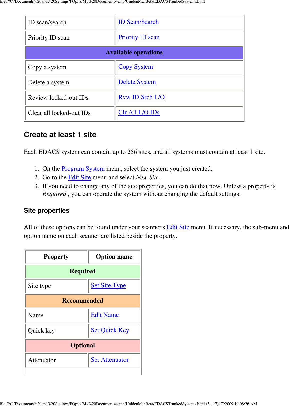 file:///C|/Documents%20and%20Settings/POpitz/My%20Documents/temp/UnidenManBeta/EDACSTrunkedSystems.htmlID scan/search  ID Scan/Search Priority ID scan  Priority ID scan Available operations Copy a system  Copy System Delete a system  Delete System Review locked-out IDs  Rvw ID:Srch L/O Clear all locked-out IDs  Clr All L/O IDs Create at least 1 site Each EDACS system can contain up to 256 sites, and all systems must contain at least 1 site. 1.  On the Program System menu, select the system you just created. 2.  Go to the Edit Site menu and select New Site . 3.  If you need to change any of the site properties, you can do that now. Unless a property is Required , you can operate the system without changing the default settings. Site properties All of these options can be found under your scanner&apos;s Edit Site menu. If necessary, the sub-menu and option name on each scanner are listed beside the property. Property  Option name Required Site type  Set Site Type Recommended Name  Edit Name Quick key  Set Quick Key Optional Attenuator  Set Attenuator file:///C|/Documents%20and%20Settings/POpitz/My%20Documents/temp/UnidenManBeta/EDACSTrunkedSystems.html (3 of 7)4/7/2009 10:08:26 AM
