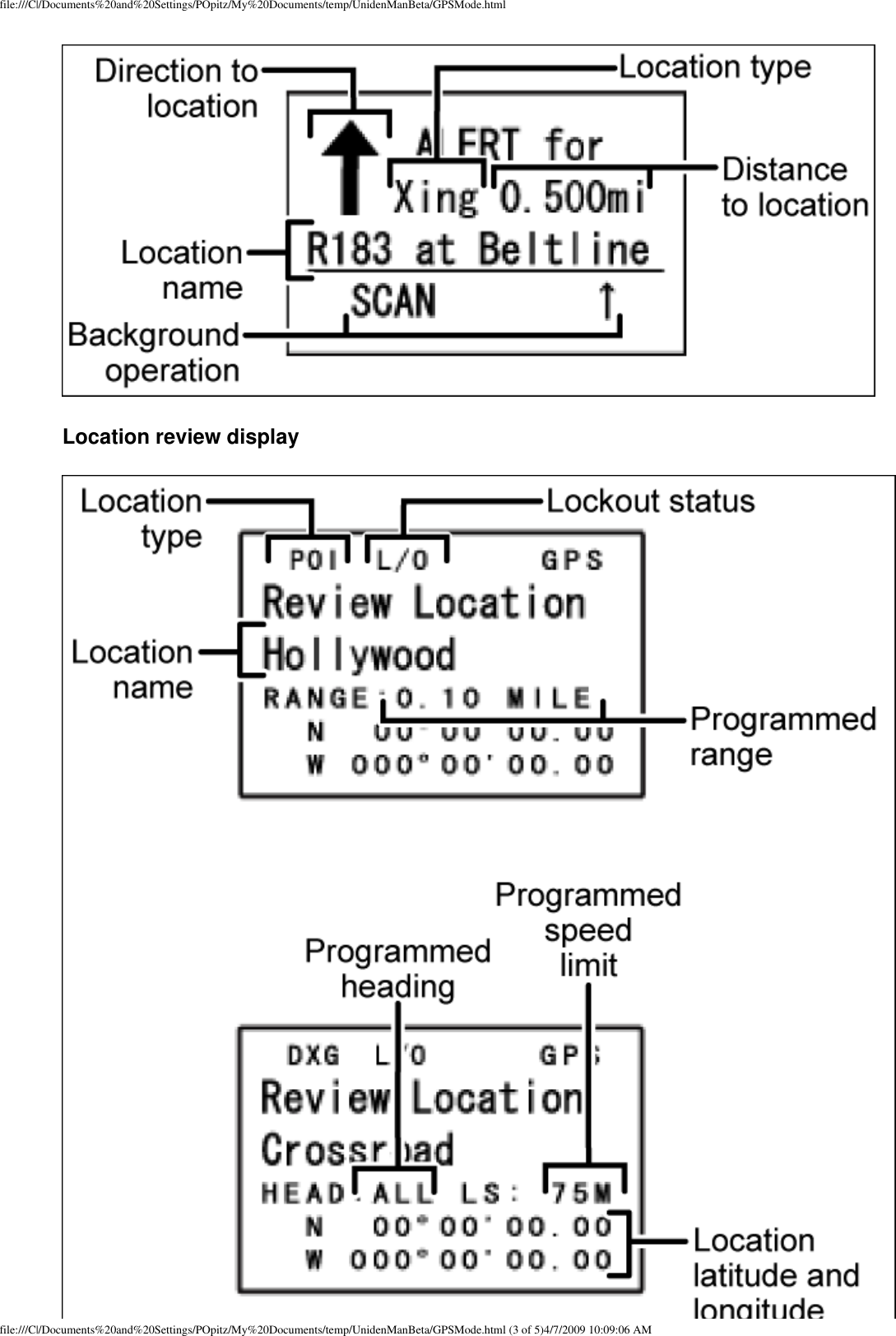 file:///C|/Documents%20and%20Settings/POpitz/My%20Documents/temp/UnidenManBeta/GPSMode.html Location review display file:///C|/Documents%20and%20Settings/POpitz/My%20Documents/temp/UnidenManBeta/GPSMode.html (3 of 5)4/7/2009 10:09:06 AM