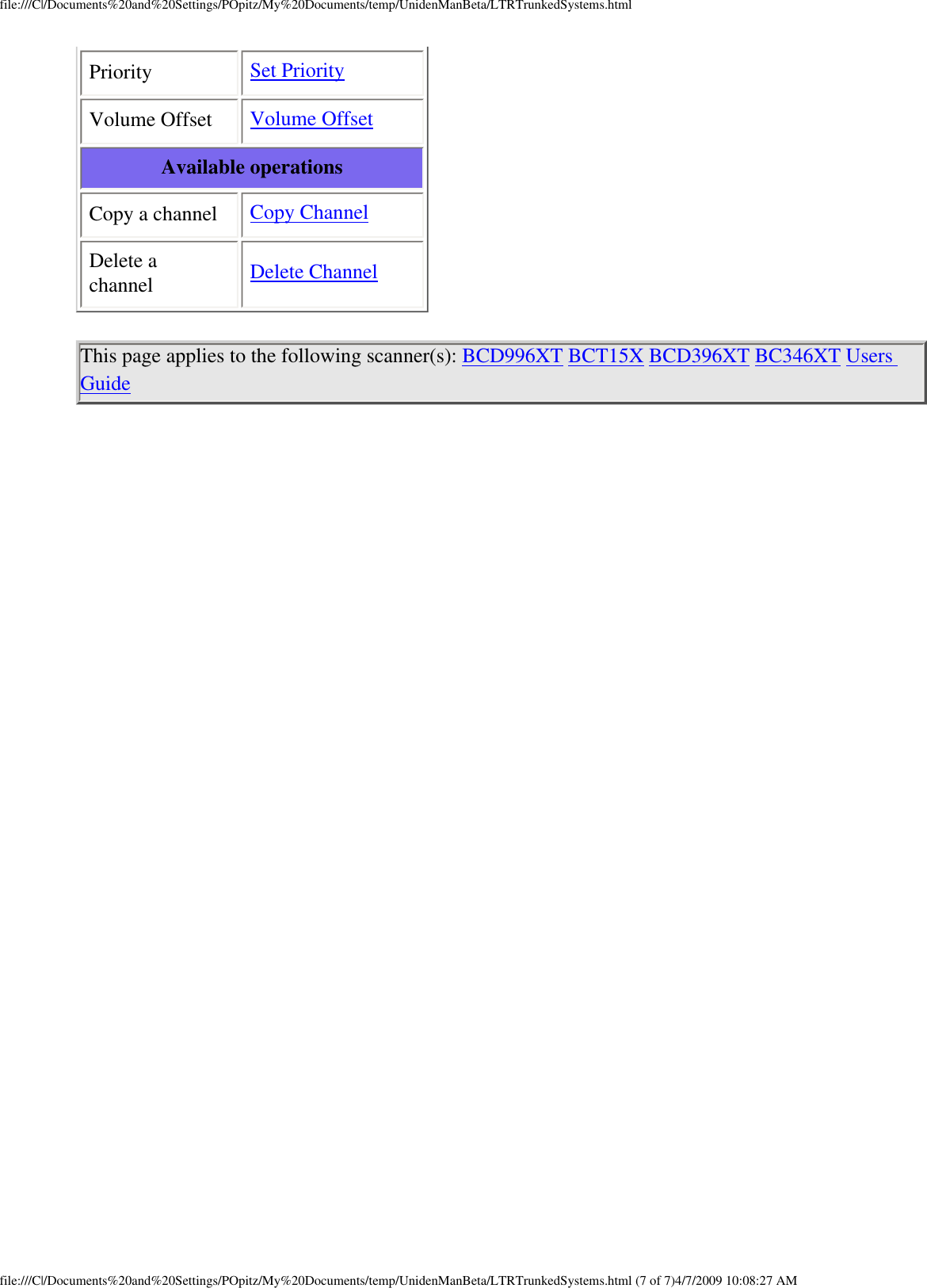 file:///C|/Documents%20and%20Settings/POpitz/My%20Documents/temp/UnidenManBeta/LTRTrunkedSystems.htmlPriority  Set Priority Volume Offset  Volume Offset Available operations Copy a channel  Copy Channel Delete a channel  Delete Channel This page applies to the following scanner(s): BCD996XT BCT15X BCD396XT BC346XT Users Guide file:///C|/Documents%20and%20Settings/POpitz/My%20Documents/temp/UnidenManBeta/LTRTrunkedSystems.html (7 of 7)4/7/2009 10:08:27 AM