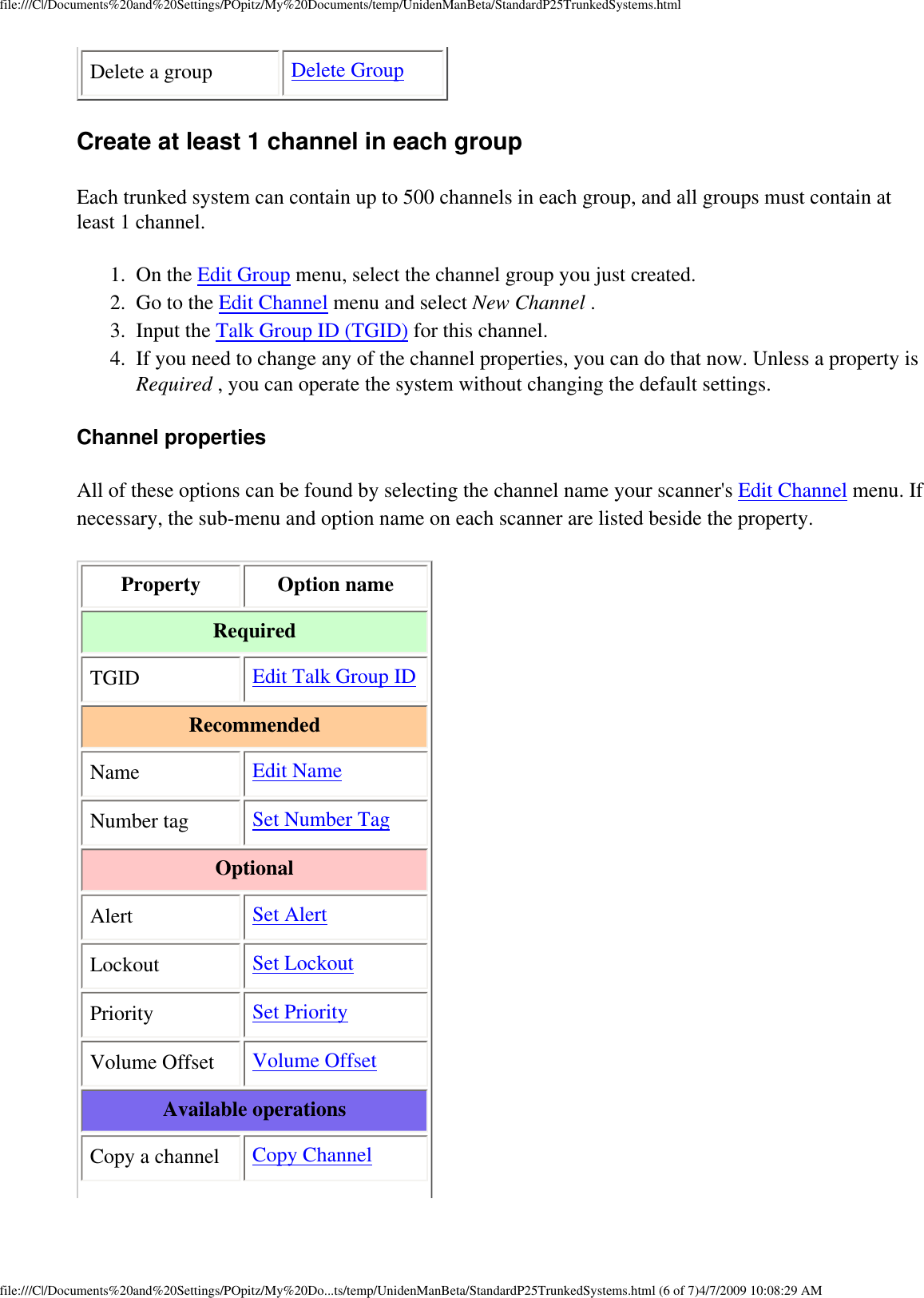 file:///C|/Documents%20and%20Settings/POpitz/My%20Documents/temp/UnidenManBeta/StandardP25TrunkedSystems.htmlDelete a group Delete GroupCreate at least 1 channel in each group Each trunked system can contain up to 500 channels in each group, and all groups must contain at least 1 channel. 1.  On the Edit Group menu, select the channel group you just created. 2.  Go to the Edit Channel menu and select New Channel . 3.  Input the Talk Group ID (TGID) for this channel. 4.  If you need to change any of the channel properties, you can do that now. Unless a property is Required , you can operate the system without changing the default settings. Channel properties All of these options can be found by selecting the channel name your scanner&apos;s Edit Channel menu. If necessary, the sub-menu and option name on each scanner are listed beside the property. Property Option nameRequiredTGID Edit Talk Group IDRecommendedName Edit NameNumber tag Set Number TagOptionalAlert Set AlertLockout Set LockoutPriority Set PriorityVolume Offset Volume OffsetAvailable operationsCopy a channel Copy Channelfile:///C|/Documents%20and%20Settings/POpitz/My%20Do...ts/temp/UnidenManBeta/StandardP25TrunkedSystems.html (6 of 7)4/7/2009 10:08:29 AM