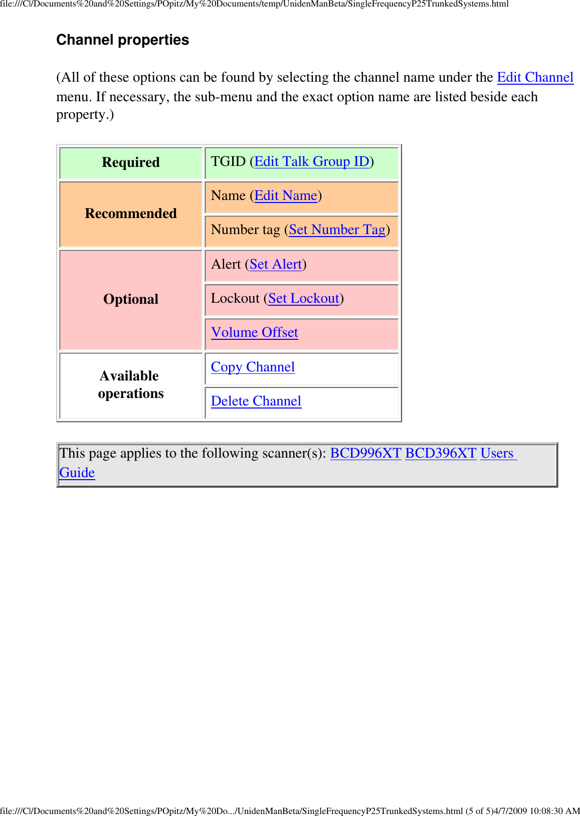 file:///C|/Documents%20and%20Settings/POpitz/My%20Documents/temp/UnidenManBeta/SingleFrequencyP25TrunkedSystems.htmlChannel properties (All of these options can be found by selecting the channel name under the Edit Channel menu. If necessary, the sub-menu and the exact option name are listed beside each property.) Required  TGID (Edit Talk Group ID) Recommended Name (Edit Name)Number tag (Set Number Tag)Optional Alert (Set Alert)Lockout (Set Lockout)Volume Offset Available operations Copy ChannelDelete Channel This page applies to the following scanner(s): BCD996XT BCD396XT Users Guide file:///C|/Documents%20and%20Settings/POpitz/My%20Do.../UnidenManBeta/SingleFrequencyP25TrunkedSystems.html (5 of 5)4/7/2009 10:08:30 AM