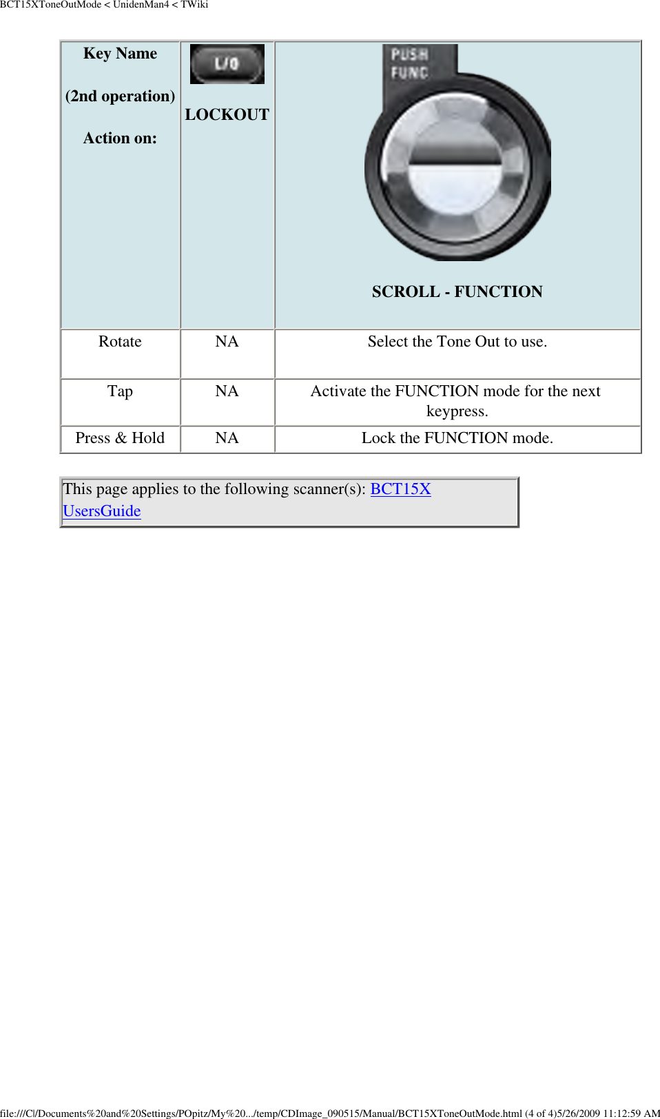 BCT15XToneOutMode &lt; UnidenMan4 &lt; TWikiKey Name (2nd operation)Action on: LOCKOUTSCROLL - FUNCTIONRotate  NA  Select the Tone Out to use.Tap  NA  Activate the FUNCTION mode for the next keypress. Press &amp; Hold  NA  Lock the FUNCTION mode. This page applies to the following scanner(s): BCT15X UsersGuide file:///C|/Documents%20and%20Settings/POpitz/My%20.../temp/CDImage_090515/Manual/BCT15XToneOutMode.html (4 of 4)5/26/2009 11:12:59 AM