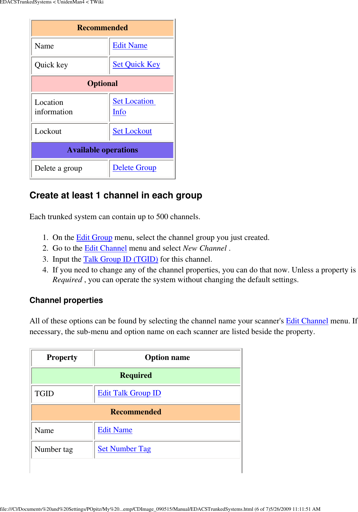 EDACSTrunkedSystems &lt; UnidenMan4 &lt; TWikiRecommended Name  Edit Name Quick key  Set Quick Key Optional Location information Set Location Info Lockout  Set Lockout Available operations Delete a group  Delete Group Create at least 1 channel in each group Each trunked system can contain up to 500 channels. 1.  On the Edit Group menu, select the channel group you just created. 2.  Go to the Edit Channel menu and select New Channel . 3.  Input the Talk Group ID (TGID) for this channel. 4.  If you need to change any of the channel properties, you can do that now. Unless a property is Required , you can operate the system without changing the default settings. Channel properties All of these options can be found by selecting the channel name your scanner&apos;s Edit Channel menu. If necessary, the sub-menu and option name on each scanner are listed beside the property. Property  Option name Required TGID  Edit Talk Group ID Recommended Name  Edit Name Number tag  Set Number Tag file:///C|/Documents%20and%20Settings/POpitz/My%20...emp/CDImage_090515/Manual/EDACSTrunkedSystems.html (6 of 7)5/26/2009 11:11:51 AM