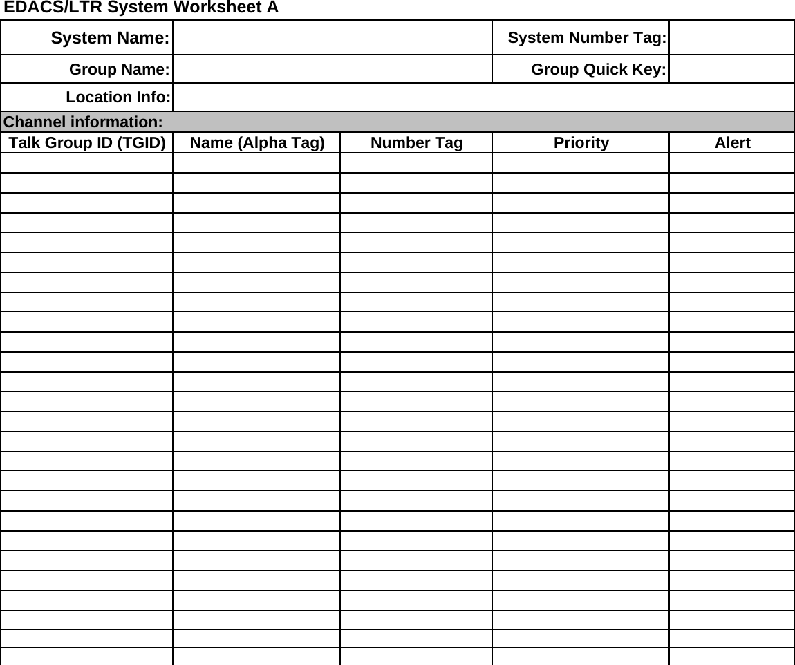 EDACS/LTR System Worksheet ASystem Name: System Number Tag:Group Name: Group Quick Key:Location Info:Channel information:Talk Group ID (TGID) Name (Alpha Tag) Number Tag Priority Alert