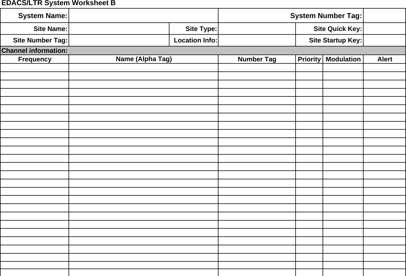 EDACS/LTR System Worksheet BSystem Name: System Number Tag:Site Name: Site Type: Site Quick Key:Site Number Tag: Location Info: Site Startup Key:Channel information:Frequency Name (Alpha Tag) Number Tag Priority Modulation Alert