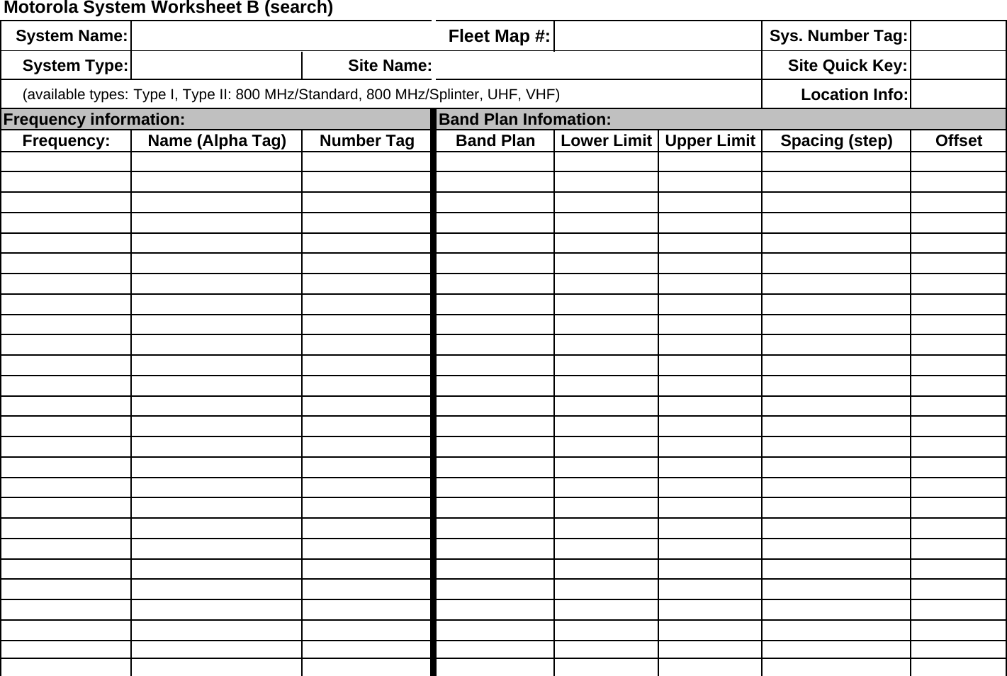 Motorola System Worksheet B (search)System Name: Fleet Map #: Sys. Number Tag:System Type: Site Name: Site Quick Key:(available types: Type I, Type II: 800 MHz/Standard, 800 MHz/Splinter, UHF, VHF) Location Info:Frequency information: Band Plan Infomation:Frequency: Name (Alpha Tag) Number Tag Band Plan Lower Limit Upper Limit Spacing (step) Offset