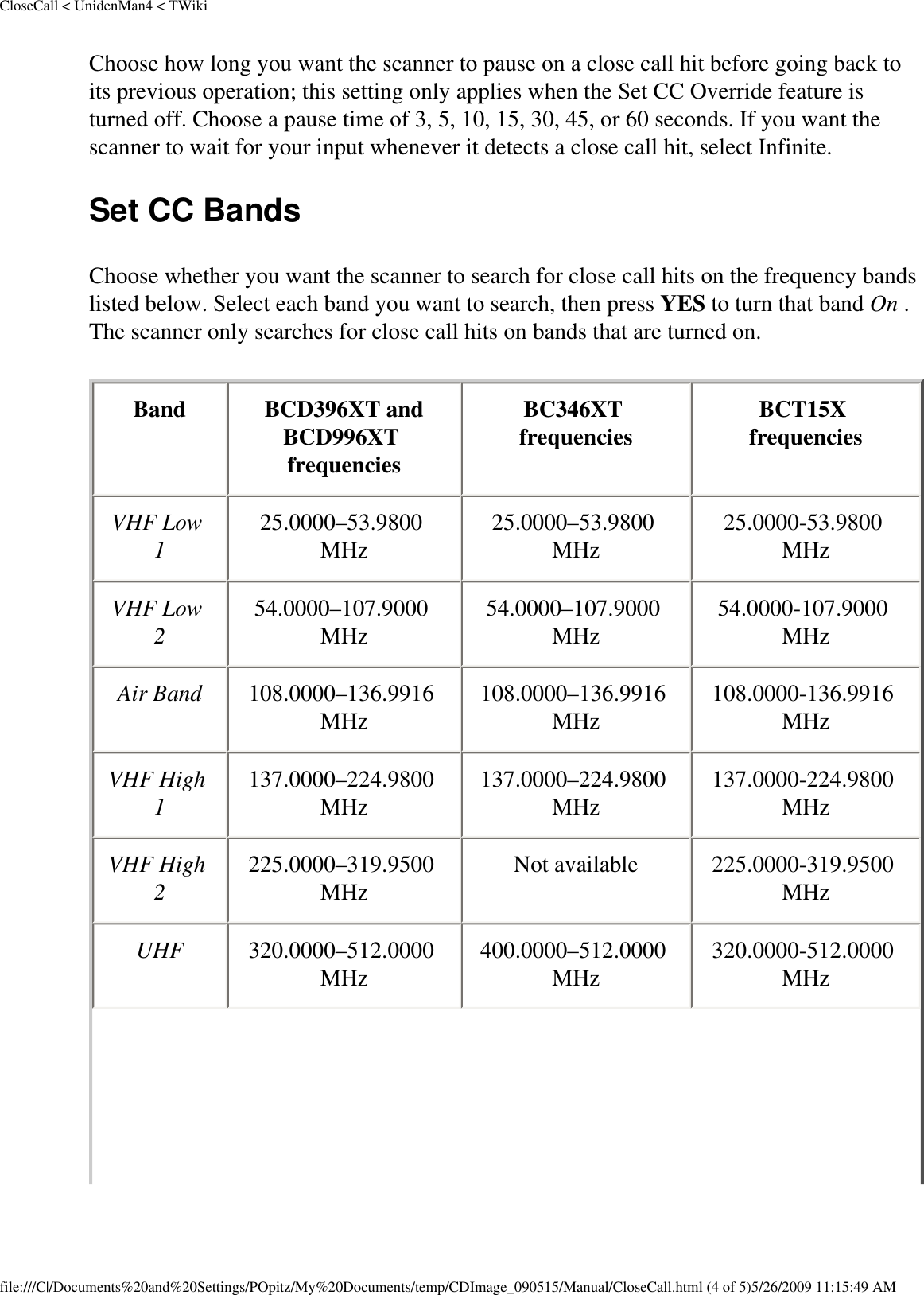CloseCall &lt; UnidenMan4 &lt; TWikiChoose how long you want the scanner to pause on a close call hit before going back to its previous operation; this setting only applies when the Set CC Override feature is turned off. Choose a pause time of 3, 5, 10, 15, 30, 45, or 60 seconds. If you want the scanner to wait for your input whenever it detects a close call hit, select Infinite. Set CC Bands Choose whether you want the scanner to search for close call hits on the frequency bands listed below. Select each band you want to search, then press YES to turn that band On . The scanner only searches for close call hits on bands that are turned on. Band  BCD396XT and  BCD996XT frequencies BC346XT frequencies  BCT15X frequencies VHF Low 1 25.0000–53.9800 MHz  25.0000–53.9800 MHz  25.0000-53.9800 MHz VHF Low 2 54.0000–107.9000 MHz  54.0000–107.9000 MHz  54.0000-107.9000 MHz Air Band  108.0000–136.9916 MHz  108.0000–136.9916 MHz  108.0000-136.9916 MHz VHF High 1 137.0000–224.9800 MHz  137.0000–224.9800 MHz  137.0000-224.9800 MHz VHF High 2 225.0000–319.9500 MHz  Not available  225.0000-319.9500 MHz UHF  320.0000–512.0000 MHz  400.0000–512.0000 MHz  320.0000-512.0000 MHz file:///C|/Documents%20and%20Settings/POpitz/My%20Documents/temp/CDImage_090515/Manual/CloseCall.html (4 of 5)5/26/2009 11:15:49 AM