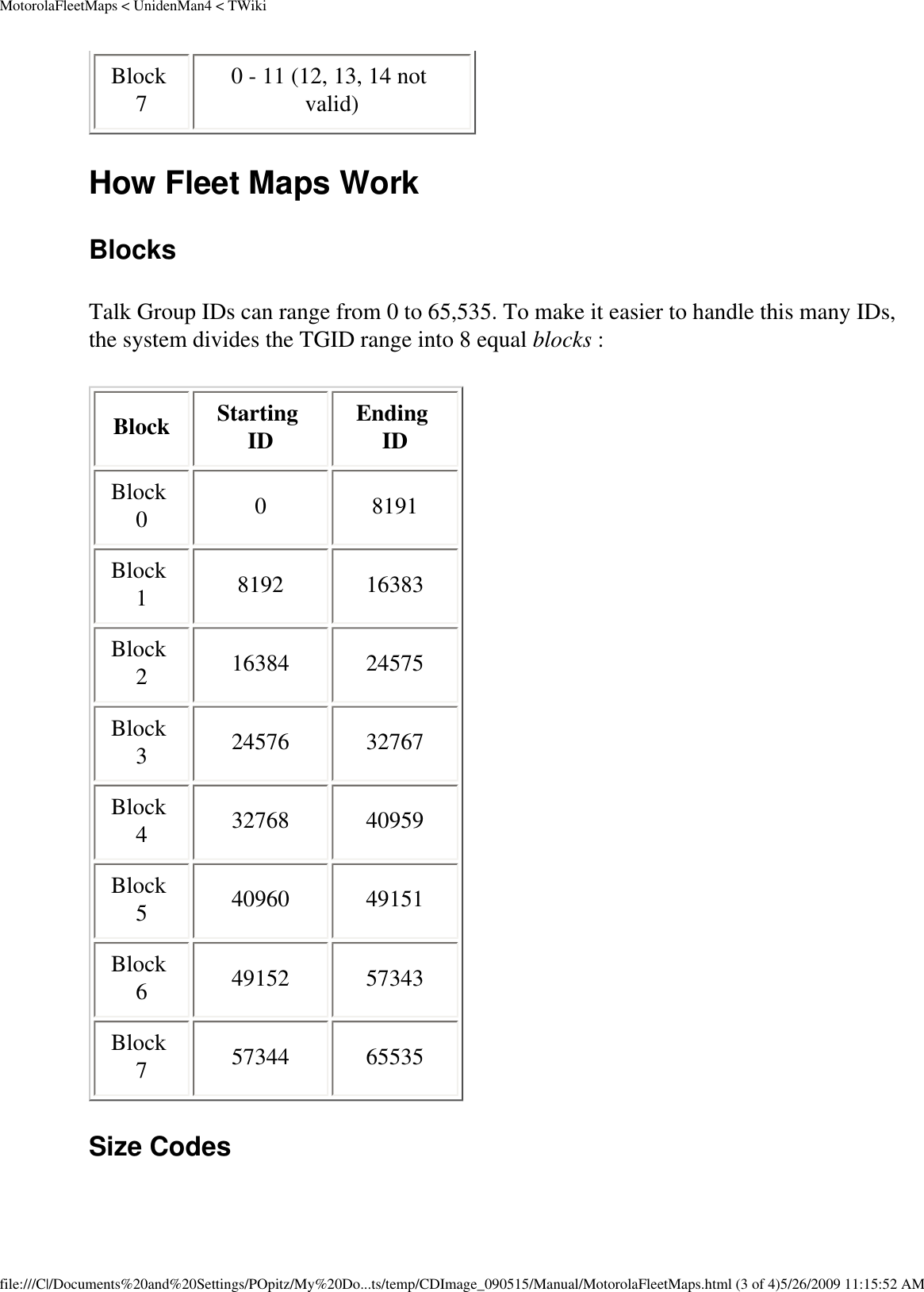 MotorolaFleetMaps &lt; UnidenMan4 &lt; TWikiBlock 7  0 - 11 (12, 13, 14 not valid) How Fleet Maps Work Blocks Talk Group IDs can range from 0 to 65,535. To make it easier to handle this many IDs, the system divides the TGID range into 8 equal blocks : Block  Starting ID  Ending ID Block 0  0  8191 Block 1  8192  16383 Block 2  16384  24575 Block 3  24576  32767 Block 4  32768  40959 Block 5  40960  49151 Block 6  49152  57343 Block 7  57344  65535 Size Codes file:///C|/Documents%20and%20Settings/POpitz/My%20Do...ts/temp/CDImage_090515/Manual/MotorolaFleetMaps.html (3 of 4)5/26/2009 11:15:52 AM