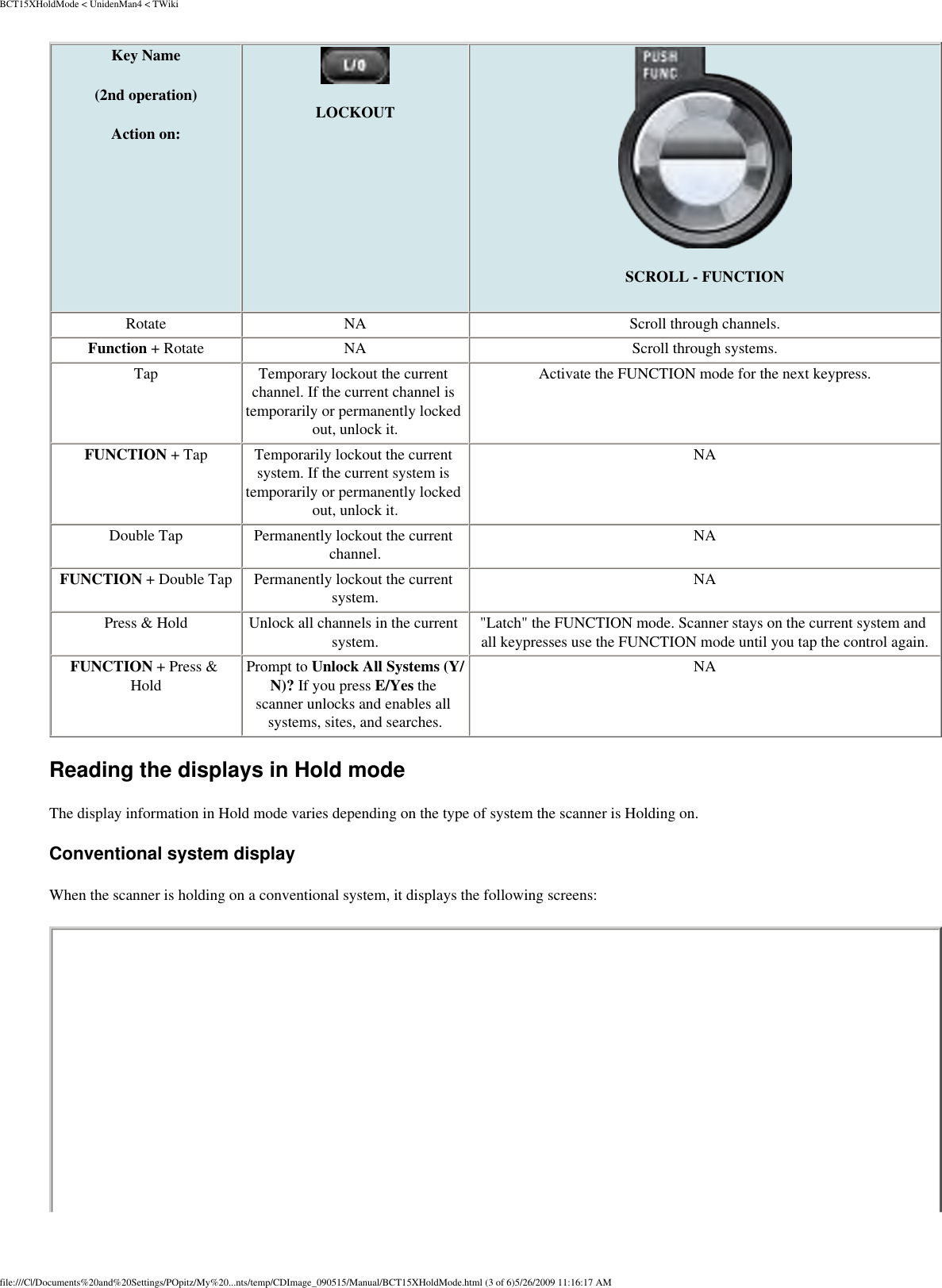 BCT15XHoldMode &lt; UnidenMan4 &lt; TWikiKey Name (2nd operation) Action on:  LOCKOUT  SCROLL - FUNCTION Rotate  NA  Scroll through channels. Function + Rotate  NA  Scroll through systems. Tap  Temporary lockout the current channel. If the current channel is temporarily or permanently locked out, unlock it. Activate the FUNCTION mode for the next keypress. FUNCTION + Tap  Temporarily lockout the current system. If the current system is temporarily or permanently locked out, unlock it. NA Double Tap  Permanently lockout the current channel.  NA FUNCTION + Double Tap  Permanently lockout the current system.  NA Press &amp; Hold  Unlock all channels in the current system.  &quot;Latch&quot; the FUNCTION mode. Scanner stays on the current system and all keypresses use the FUNCTION mode until you tap the control again. FUNCTION + Press &amp; Hold  Prompt to Unlock All Systems (Y/N)? If you press E/Yes the scanner unlocks and enables all systems, sites, and searches. NA Reading the displays in Hold mode The display information in Hold mode varies depending on the type of system the scanner is Holding on. Conventional system display When the scanner is holding on a conventional system, it displays the following screens: file:///C|/Documents%20and%20Settings/POpitz/My%20...nts/temp/CDImage_090515/Manual/BCT15XHoldMode.html (3 of 6)5/26/2009 11:16:17 AM
