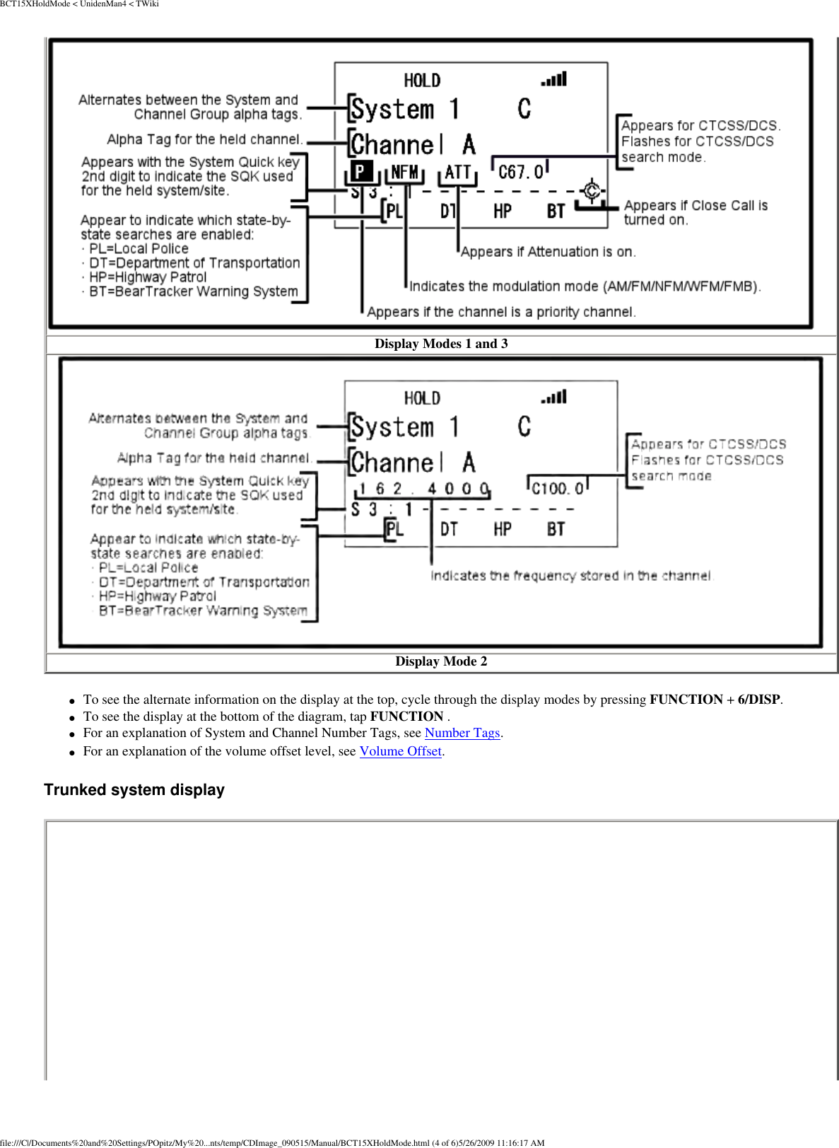 BCT15XHoldMode &lt; UnidenMan4 &lt; TWiki Display Modes 1 and 3   Display Mode 2 ●     To see the alternate information on the display at the top, cycle through the display modes by pressing FUNCTION + 6/DISP. ●     To see the display at the bottom of the diagram, tap FUNCTION . ●     For an explanation of System and Channel Number Tags, see Number Tags. ●     For an explanation of the volume offset level, see Volume Offset. Trunked system display file:///C|/Documents%20and%20Settings/POpitz/My%20...nts/temp/CDImage_090515/Manual/BCT15XHoldMode.html (4 of 6)5/26/2009 11:16:17 AM